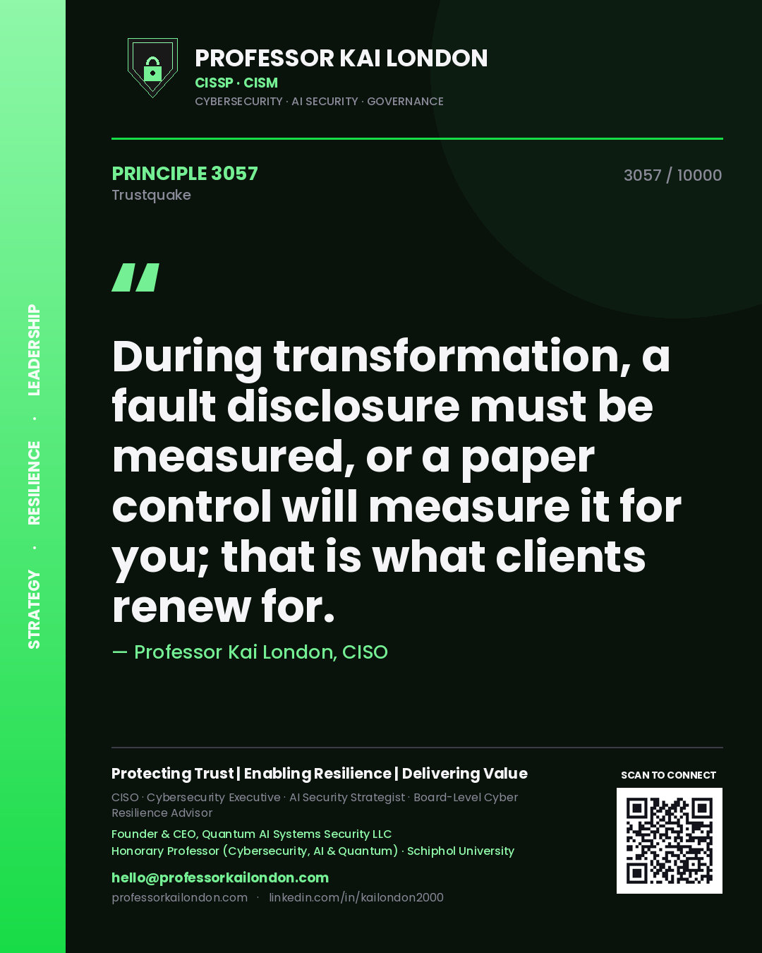Professor Kai London principle 3057: During transformation, a fault disclosure must be measured, or a paper control will measure it for you; that is what clients renew for.