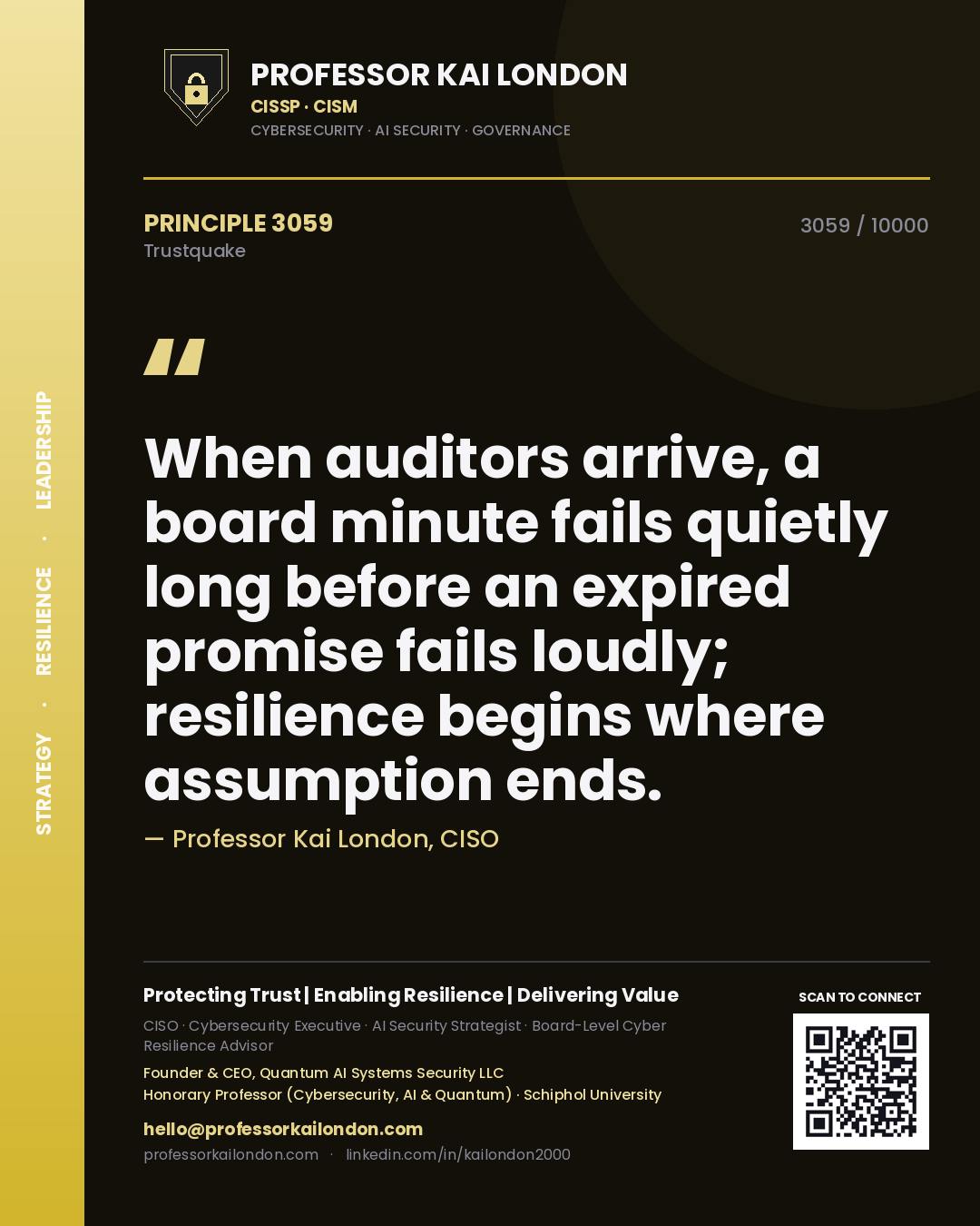 Professor Kai London principle 3059: When auditors arrive, a board minute fails quietly long before an expired promise fails loudly; resilience begins where assumption ends.