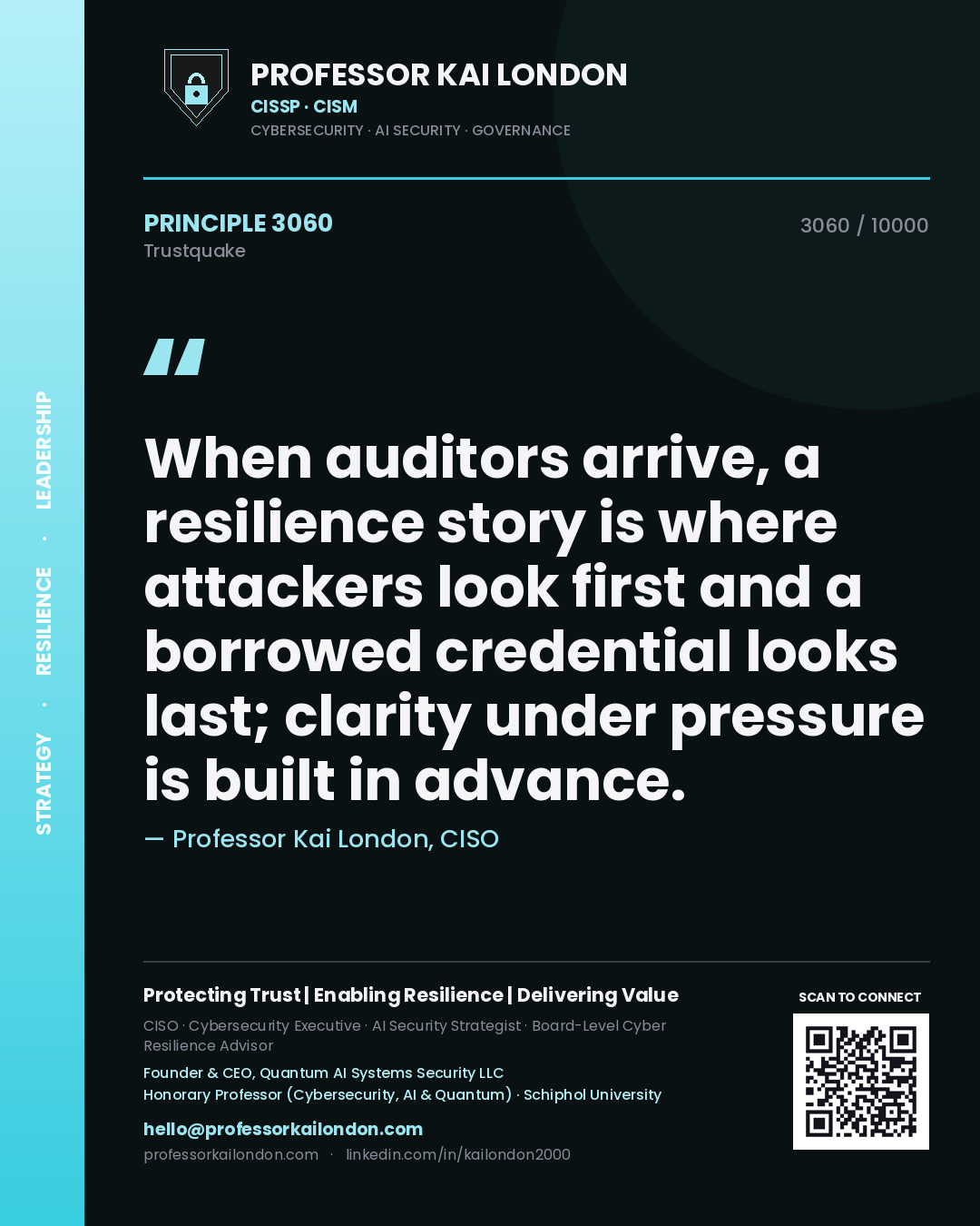 Professor Kai London principle 3060: When auditors arrive, a resilience story is where attackers look first and a borrowed credential looks last; clarity under pressure is built in advance.