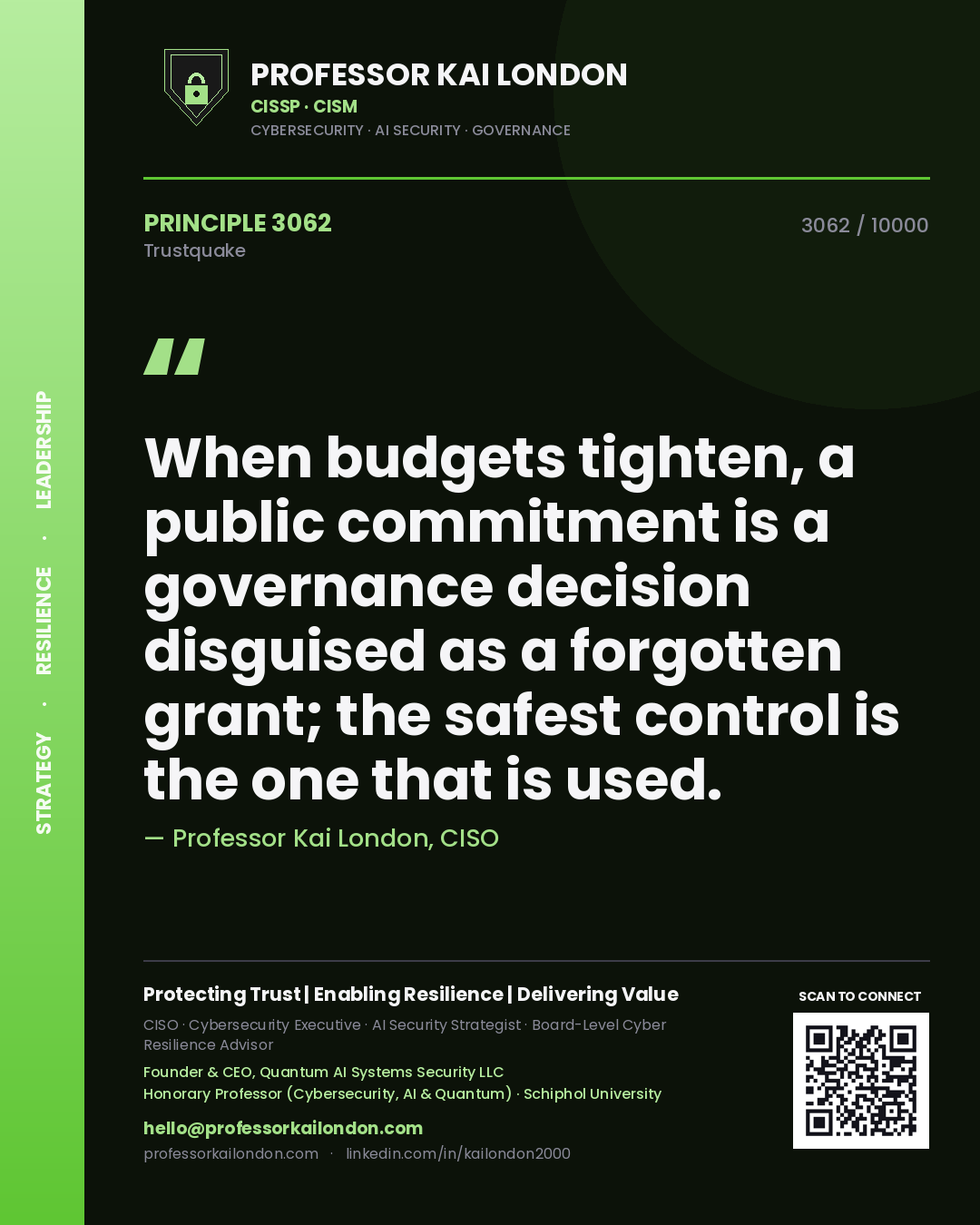 Professor Kai London principle 3062: When budgets tighten, a public commitment is a governance decision disguised as a forgotten grant; the safest control is the one that is used.