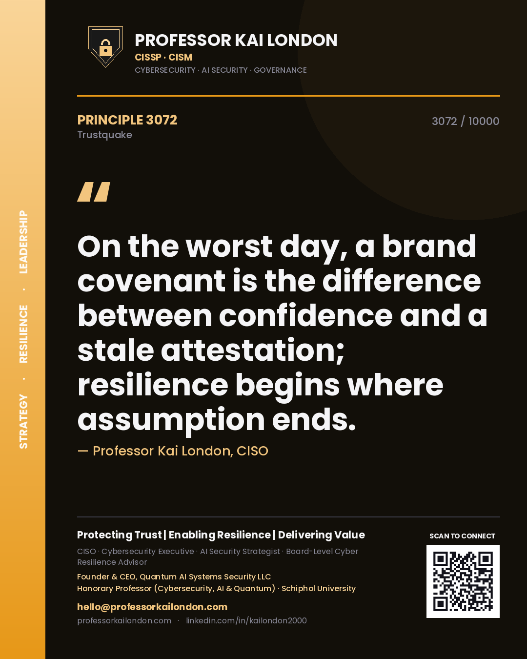 Professor Kai London principle 3072: On the worst day, a brand covenant is the difference between confidence and a stale attestation; resilience begins where assumption ends.