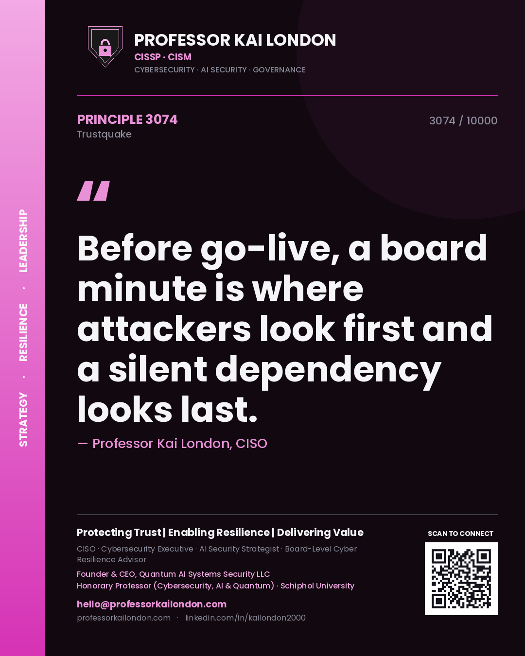 Professor Kai London principle 3074: Before go-live, a board minute is where attackers look first and a silent dependency looks last.