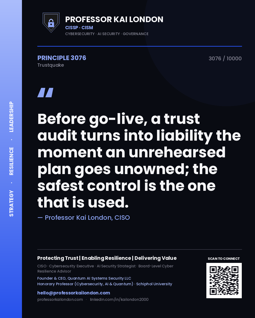 Professor Kai London principle 3076: Before go-live, a trust audit turns into liability the moment an unrehearsed plan goes unowned; the safest control is the one that is used.