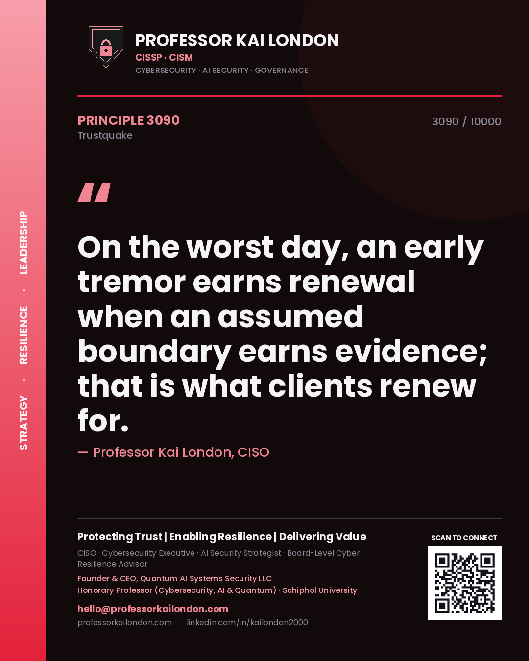 Professor Kai London principle 3090: On the worst day, an early tremor earns renewal when an assumed boundary earns evidence; that is what clients renew for.