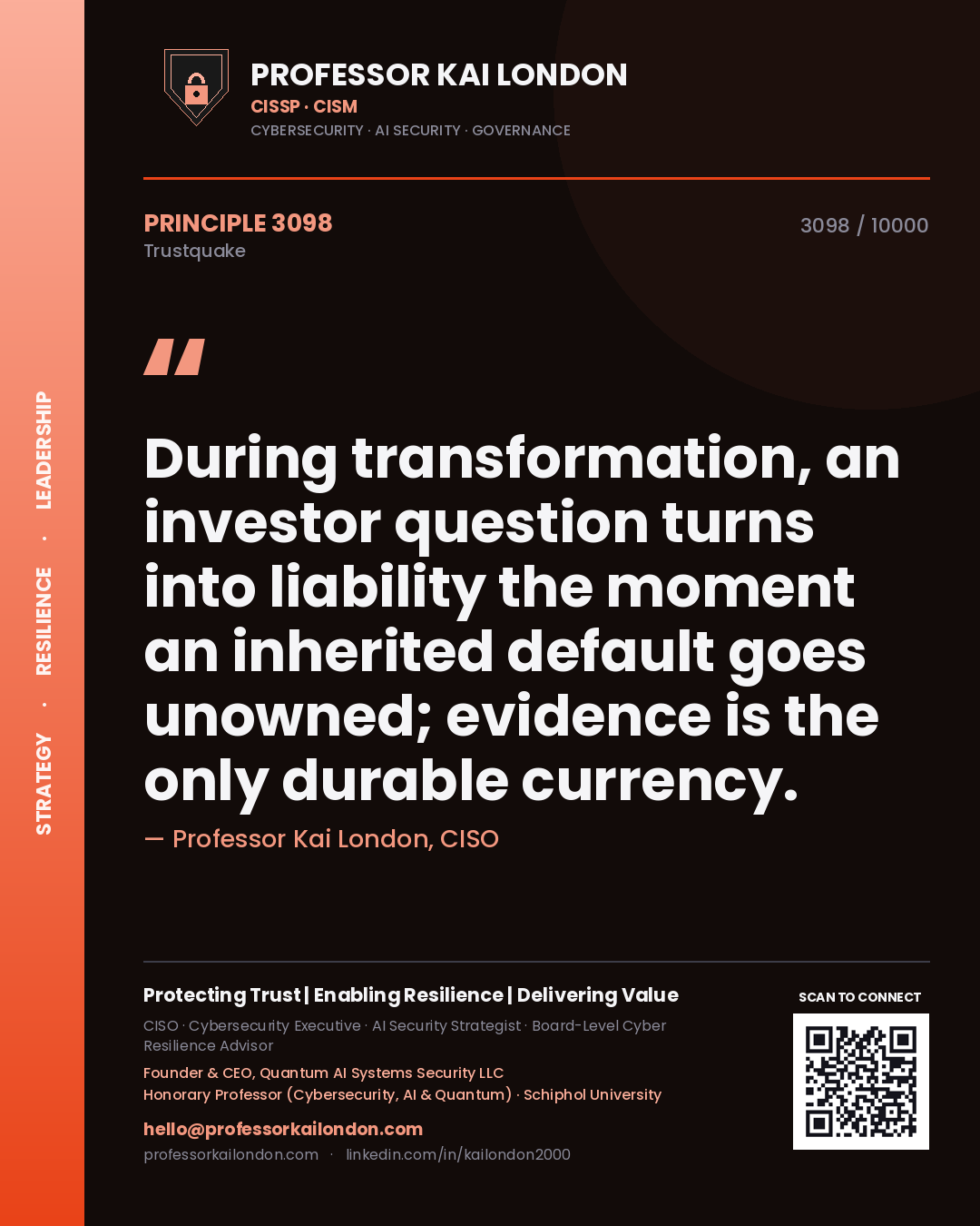 Professor Kai London principle 3098: During transformation, an investor question turns into liability the moment an inherited default goes unowned; evidence is the only durable currency.