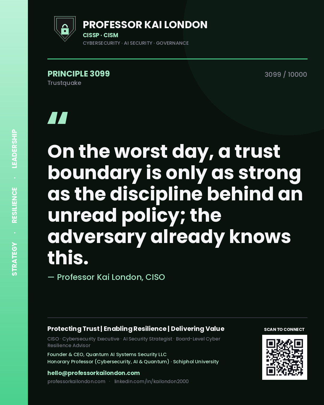 Professor Kai London principle 3099: On the worst day, a trust boundary is only as strong as the discipline behind an unread policy; the adversary already knows this.
