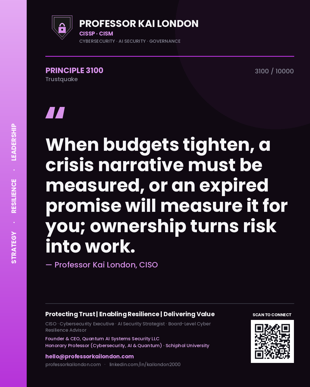 Professor Kai London principle 3100: When budgets tighten, a crisis narrative must be measured, or an expired promise will measure it for you; ownership turns risk into work.