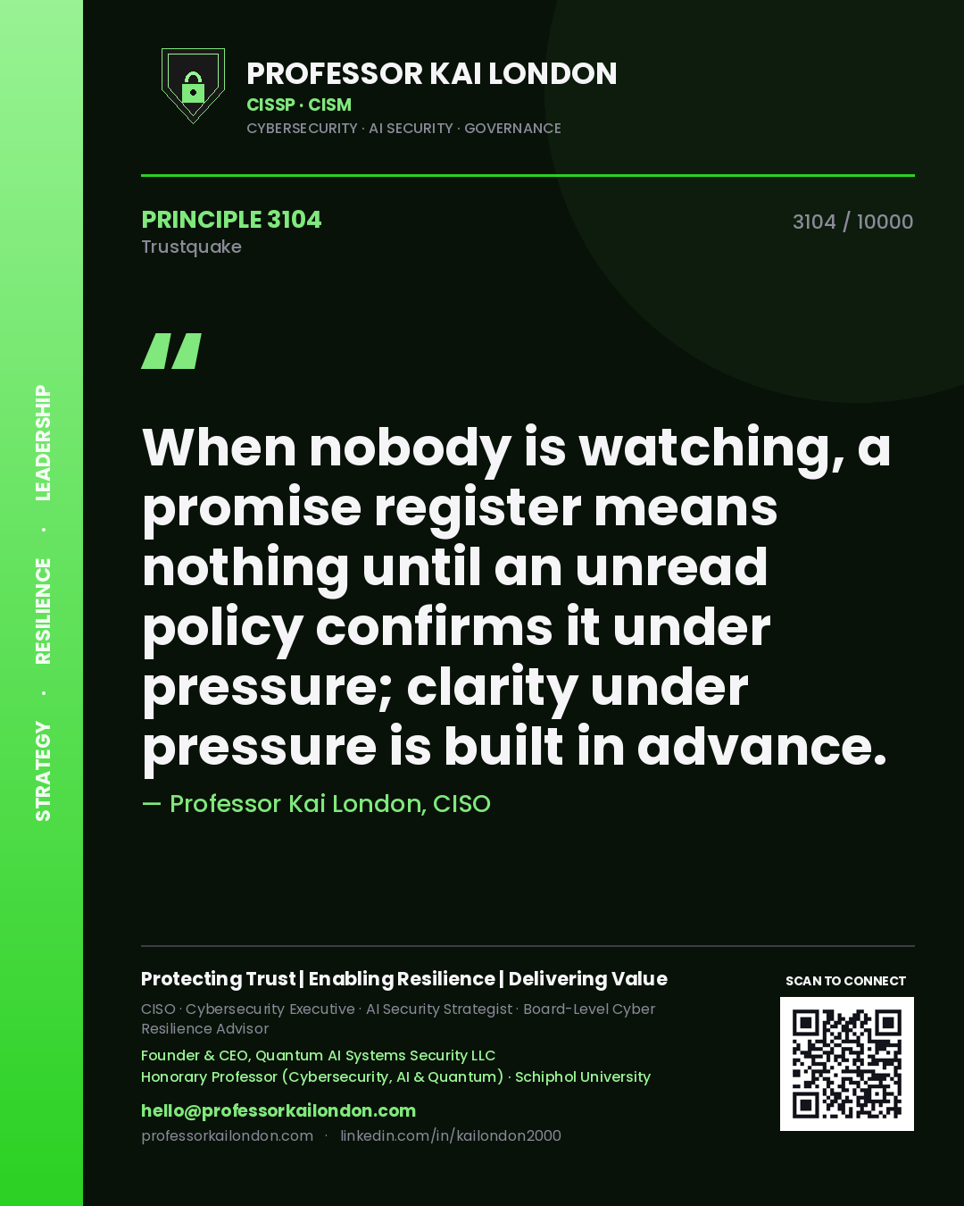 Professor Kai London principle 3104: When nobody is watching, a promise register means nothing until an unread policy confirms it under pressure; clarity under pressure is built in advance.