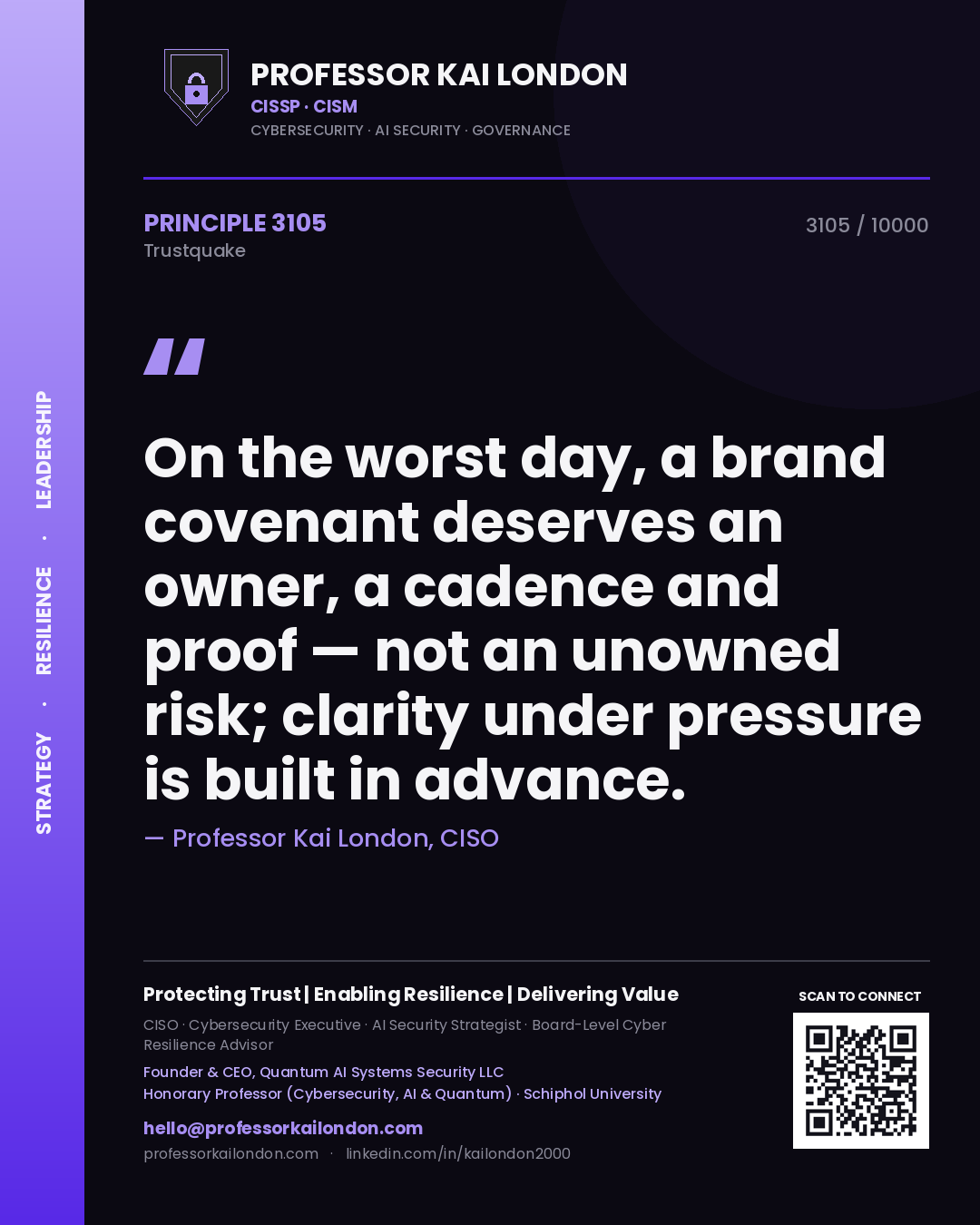 Professor Kai London principle 3105: On the worst day, a brand covenant deserves an owner, a cadence and proof — not an unowned risk; clarity under pressure is built in advance.
