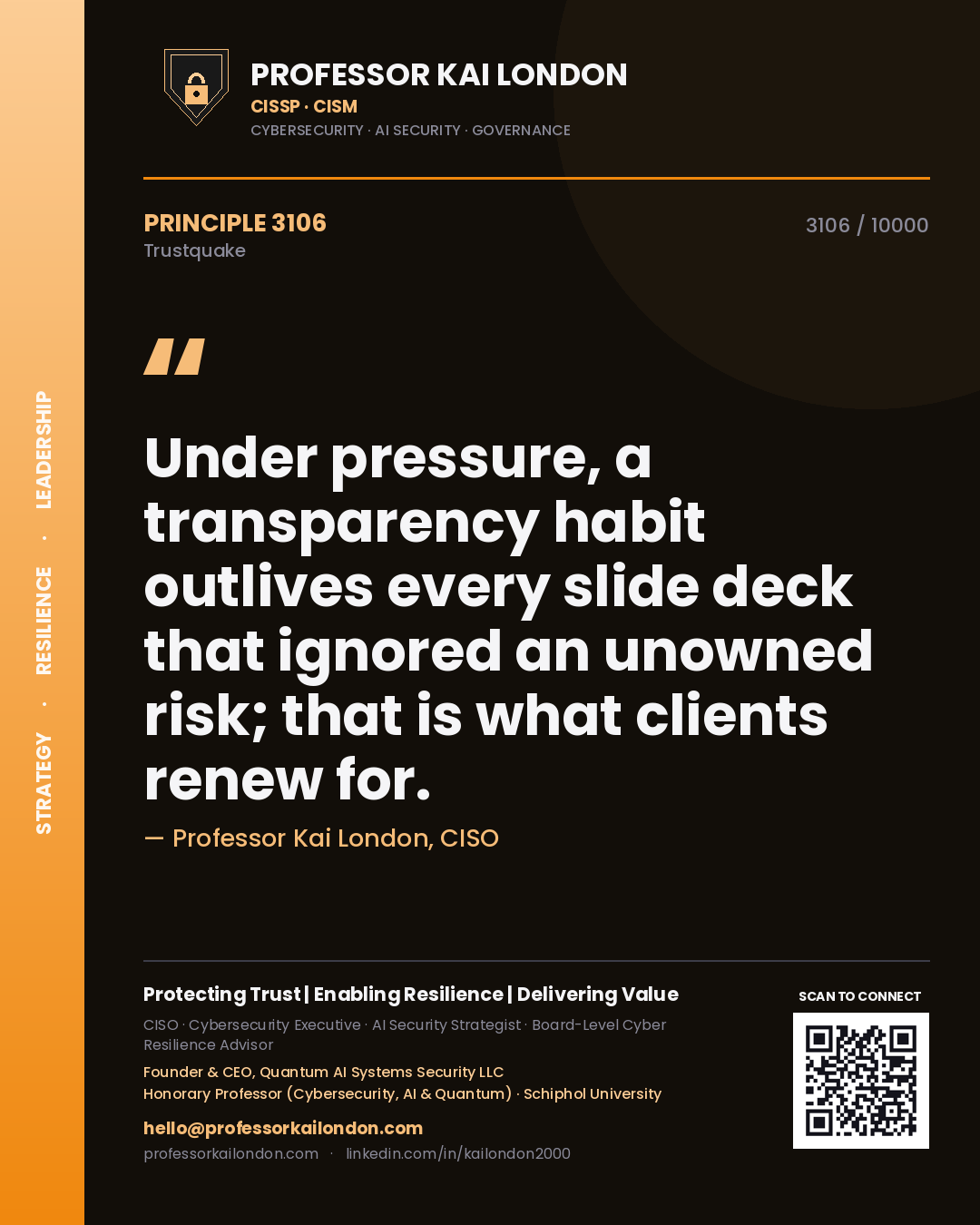 Professor Kai London principle 3106: Under pressure, a transparency habit outlives every slide deck that ignored an unowned risk; that is what clients renew for.