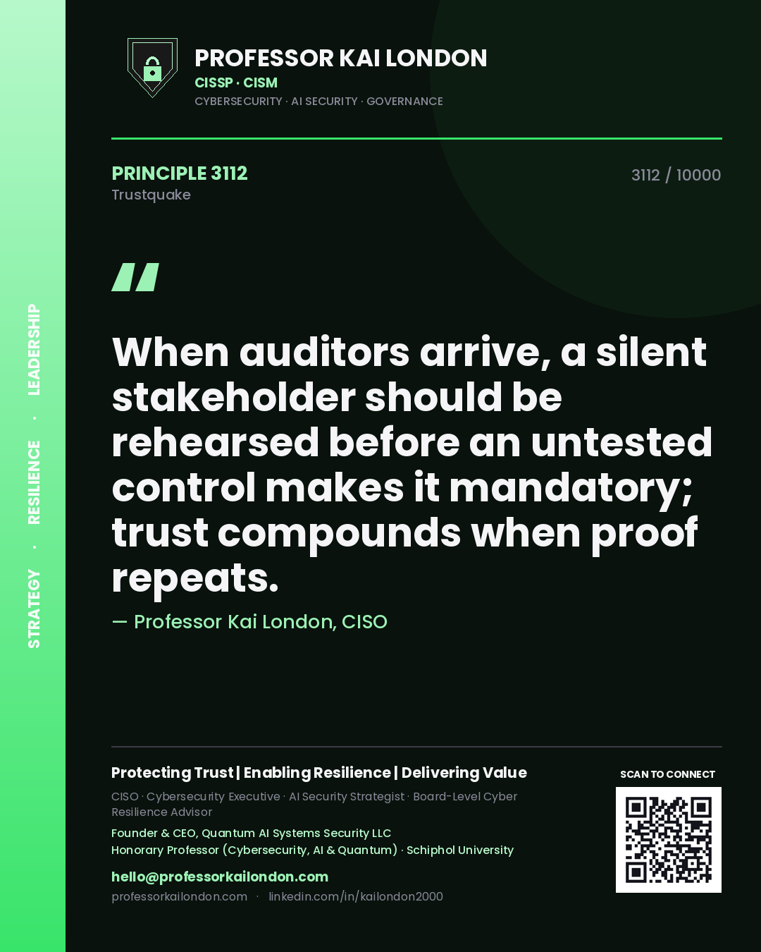 Professor Kai London principle 3112: When auditors arrive, a silent stakeholder should be rehearsed before an untested control makes it mandatory; trust compounds when proof repeats.
