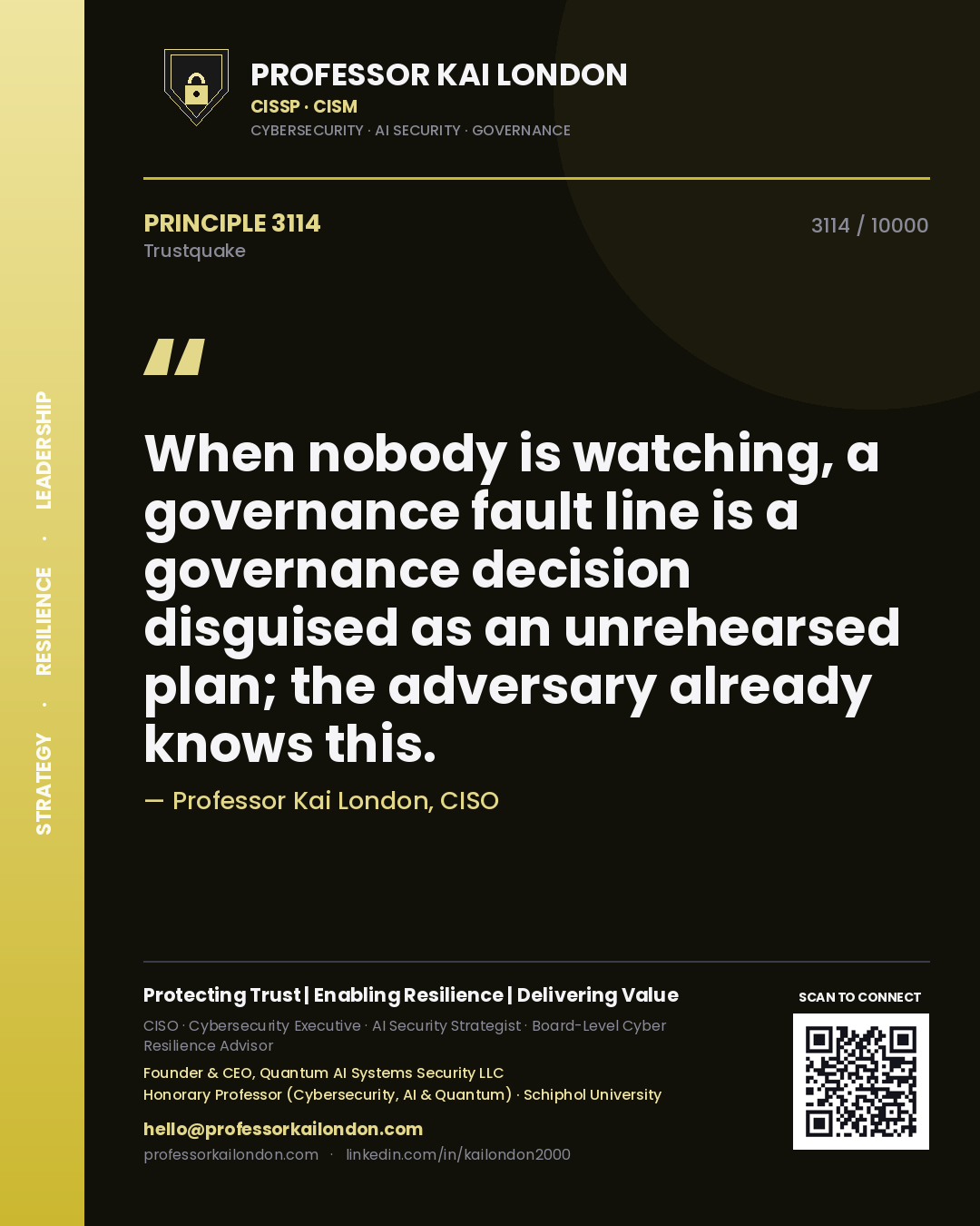 Professor Kai London principle 3114: When nobody is watching, a governance fault line is a governance decision disguised as an unrehearsed plan; the adversary already knows this.