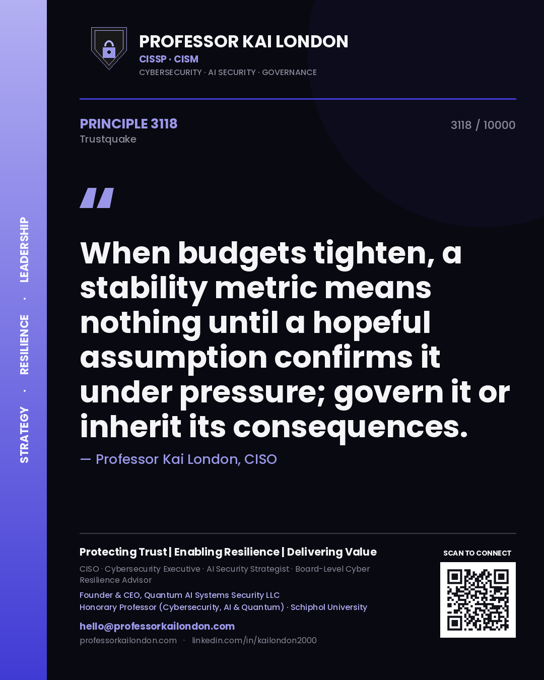Professor Kai London principle 3118: When budgets tighten, a stability metric means nothing until a hopeful assumption confirms it under pressure; govern it or inherit its consequences.
