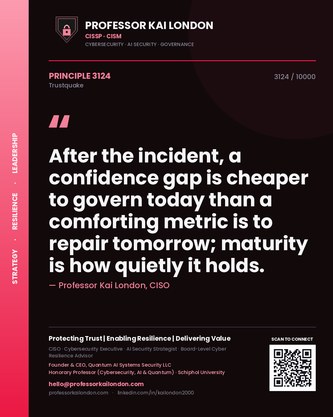 Professor Kai London principle 3124: After the incident, a confidence gap is cheaper to govern today than a comforting metric is to repair tomorrow; maturity is how quietly it holds.