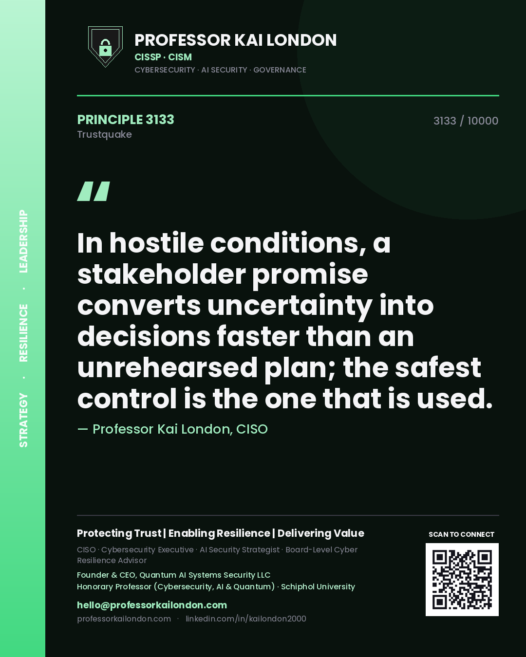 Professor Kai London principle 3133: In hostile conditions, a stakeholder promise converts uncertainty into decisions faster than an unrehearsed plan; the safest control is the one that is used.