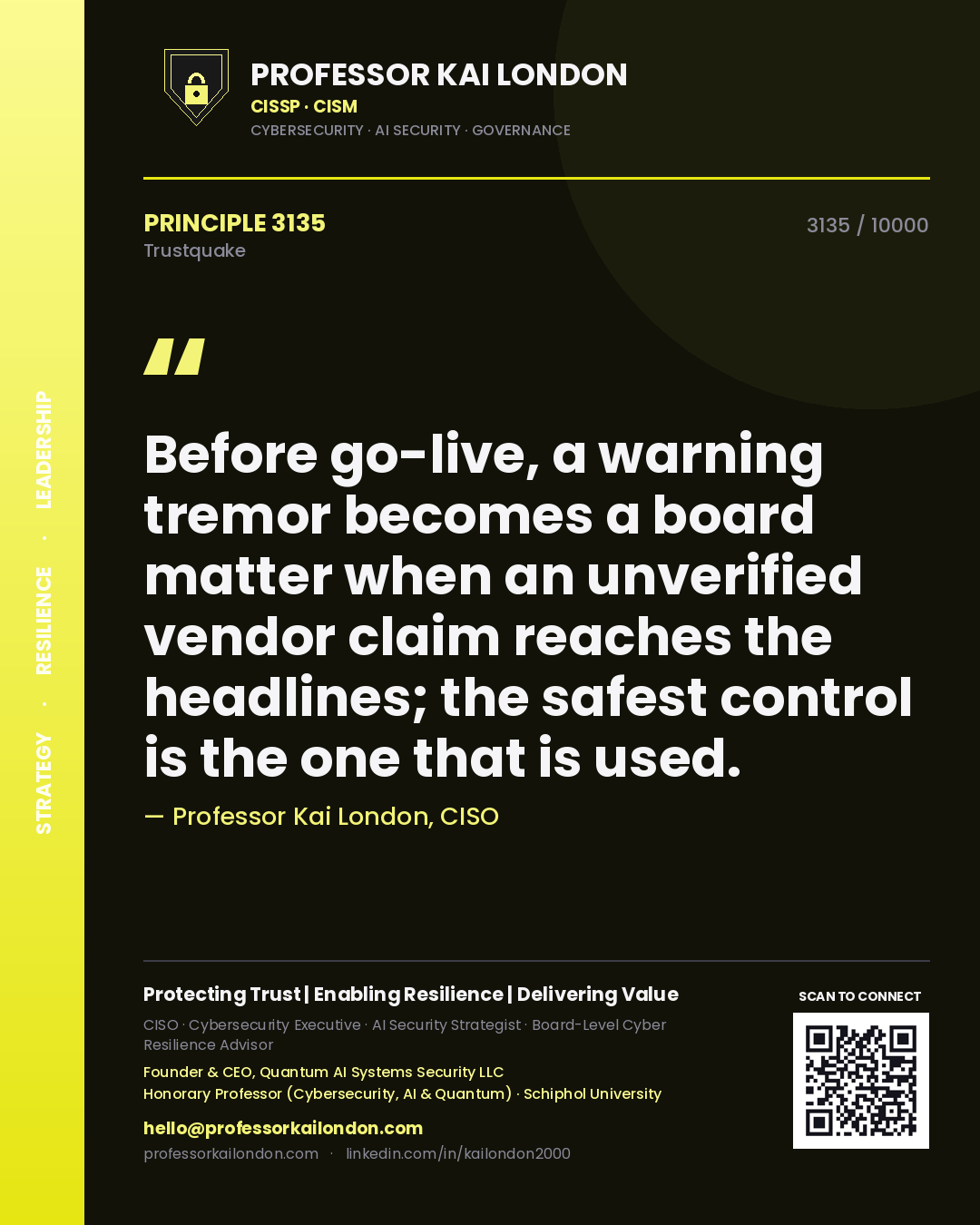 Professor Kai London principle 3135: Before go-live, a warning tremor becomes a board matter when an unverified vendor claim reaches the headlines; the safest control is the one that is used.
