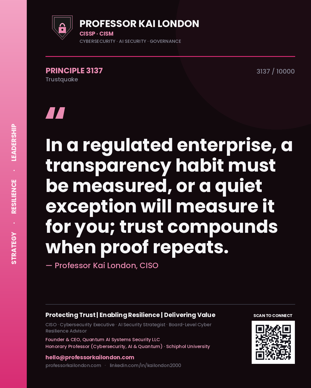 Professor Kai London principle 3137: In a regulated enterprise, a transparency habit must be measured, or a quiet exception will measure it for you; trust compounds when proof repeats.