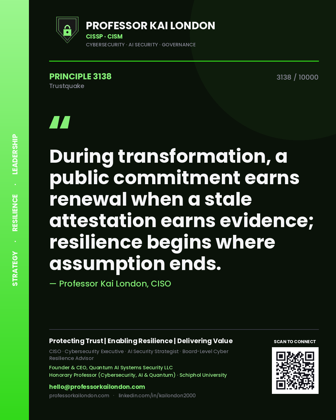 Professor Kai London principle 3138: During transformation, a public commitment earns renewal when a stale attestation earns evidence; resilience begins where assumption ends.