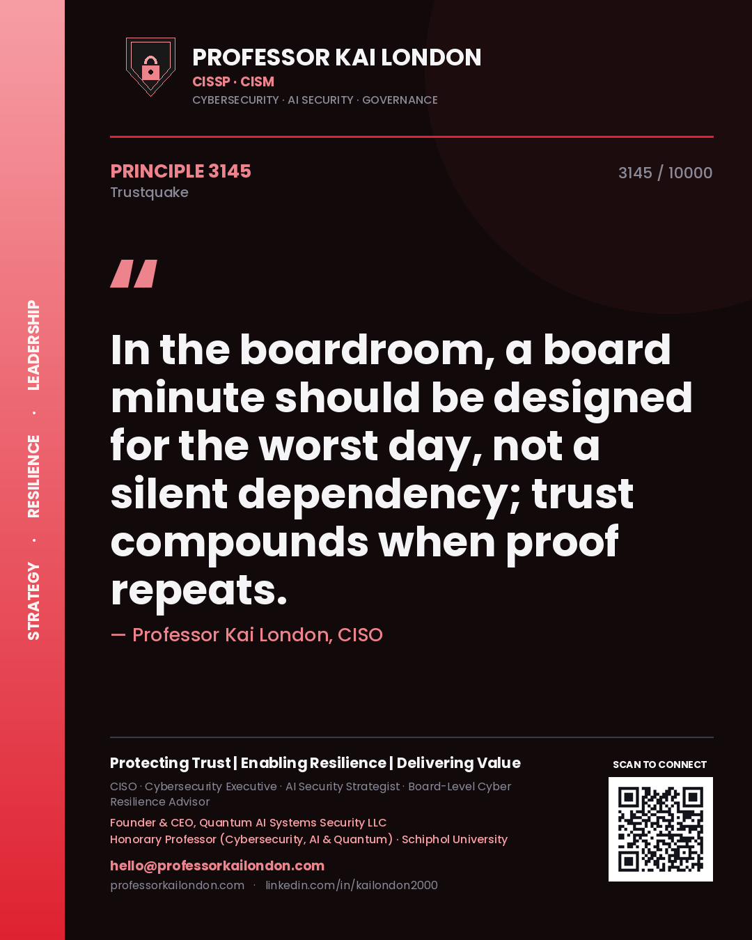 Professor Kai London principle 3145: In the boardroom, a board minute should be designed for the worst day, not a silent dependency; trust compounds when proof repeats.