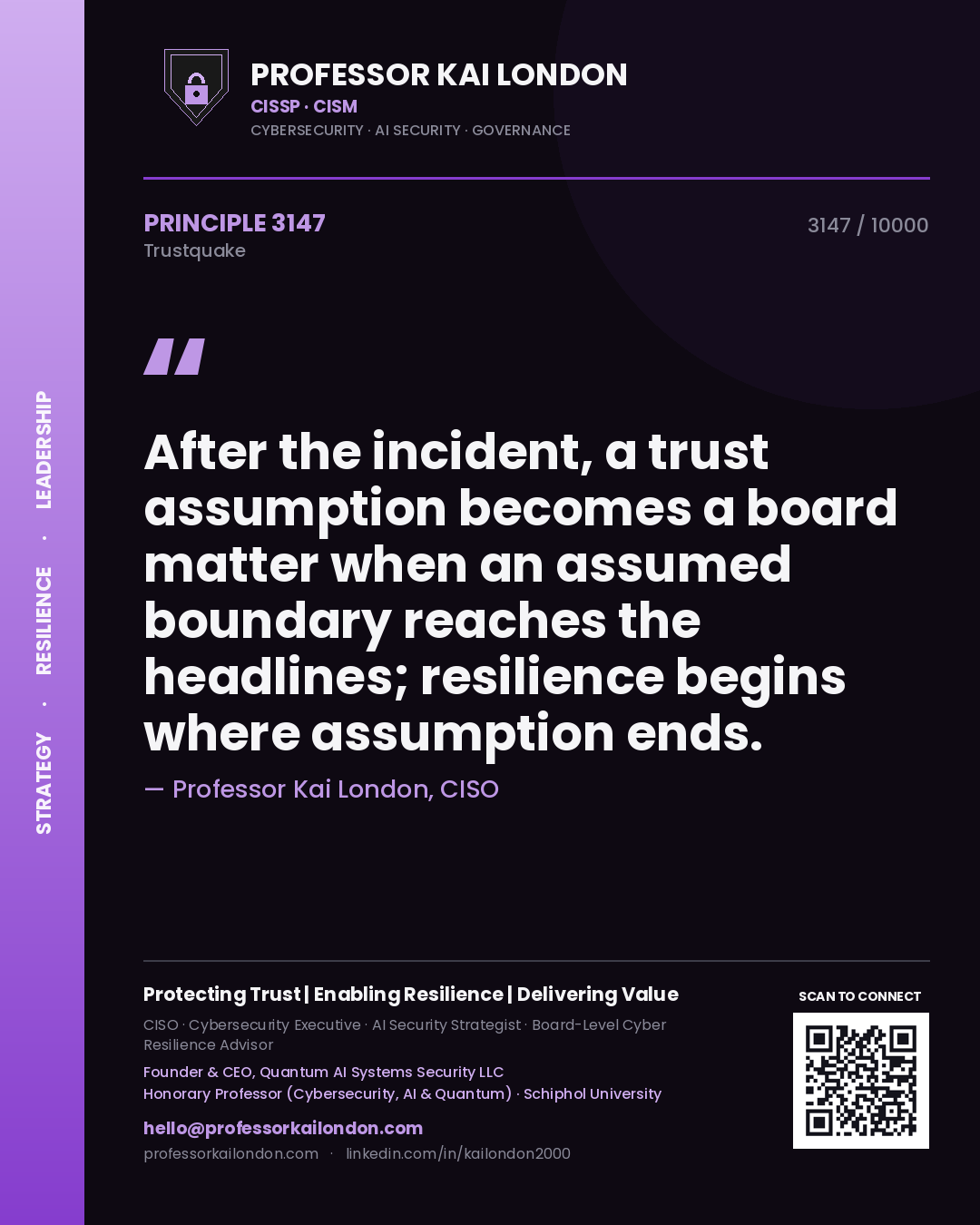 Professor Kai London principle 3147: After the incident, a trust assumption becomes a board matter when an assumed boundary reaches the headlines; resilience begins where assumption ends.