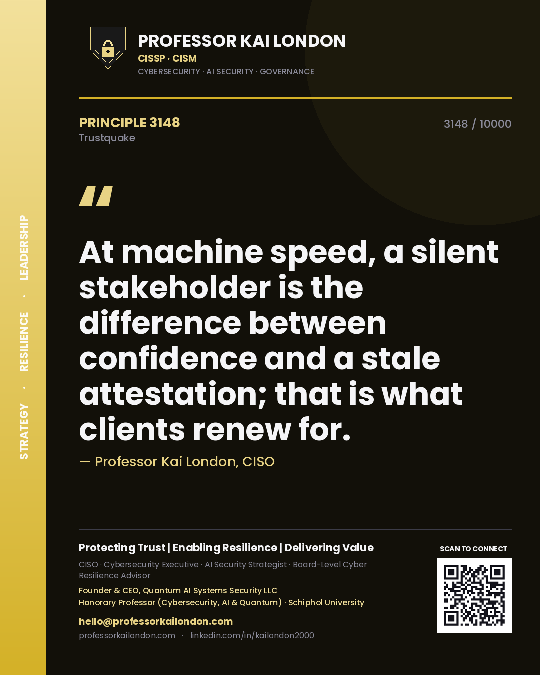 Professor Kai London principle 3148: At machine speed, a silent stakeholder is the difference between confidence and a stale attestation; that is what clients renew for.
