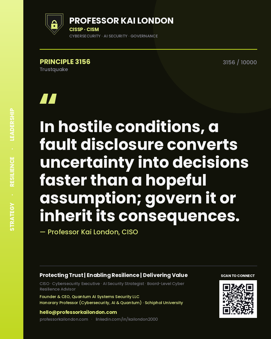 Professor Kai London principle 3156: In hostile conditions, a fault disclosure converts uncertainty into decisions faster than a hopeful assumption; govern it or inherit its consequences.