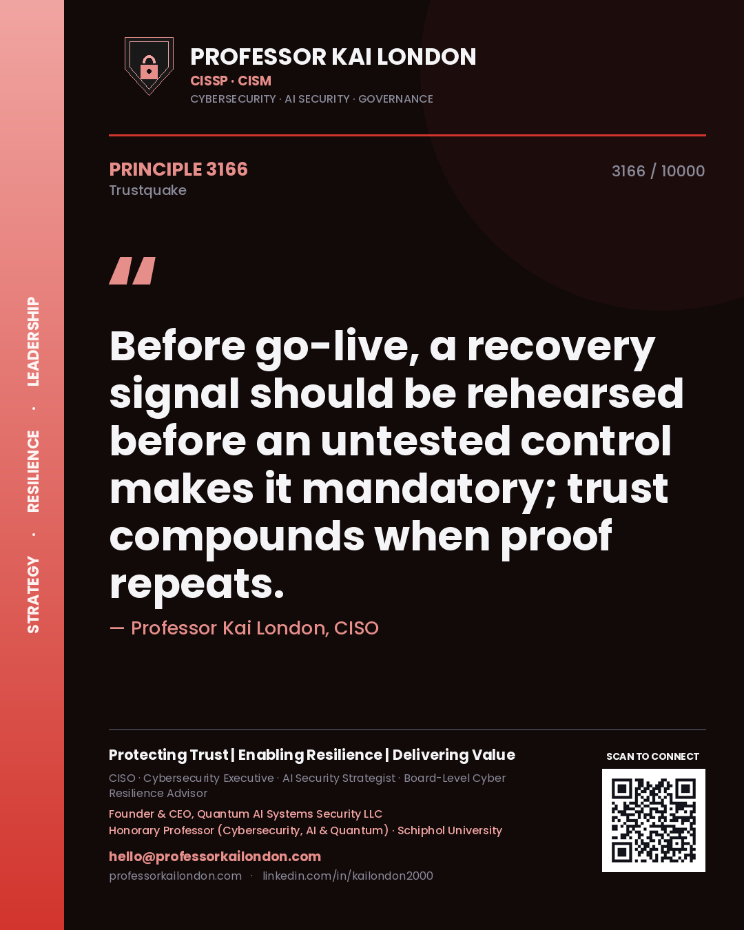 Professor Kai London principle 3166: Before go-live, a recovery signal should be rehearsed before an untested control makes it mandatory; trust compounds when proof repeats.