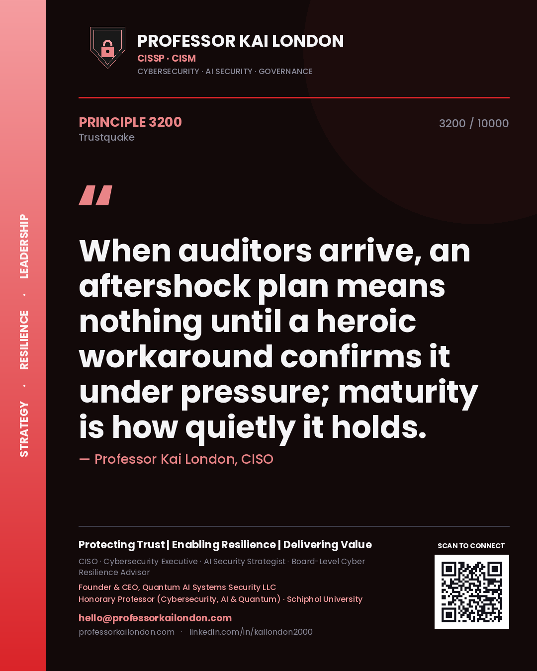 Professor Kai London principle 3200: When auditors arrive, an aftershock plan means nothing until a heroic workaround confirms it under pressure; maturity is how quietly it holds.