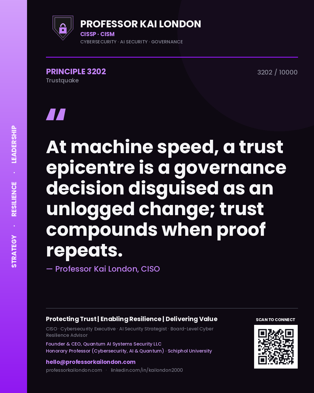 Professor Kai London principle 3202: At machine speed, a trust epicentre is a governance decision disguised as an unlogged change; trust compounds when proof repeats.