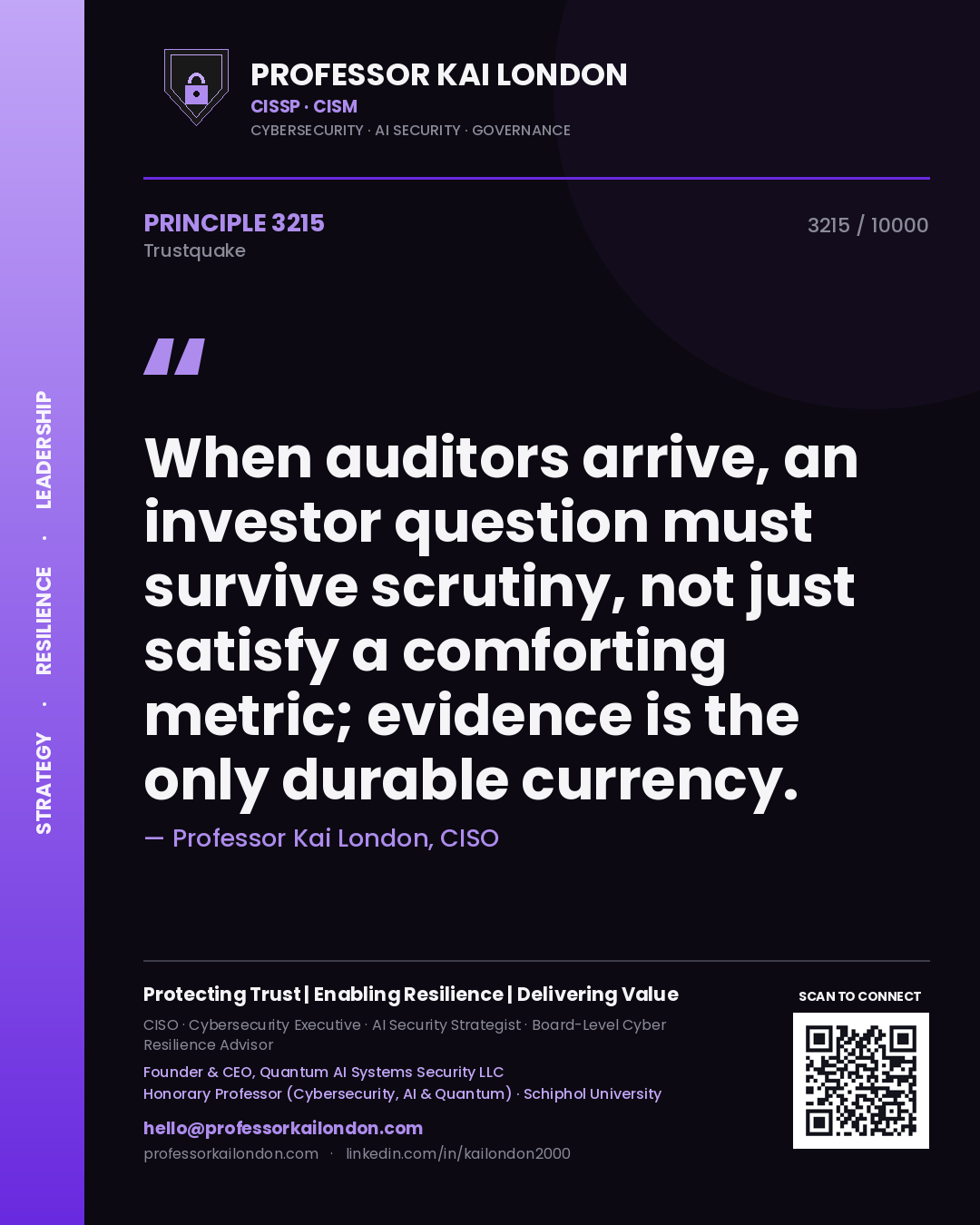 Professor Kai London principle 3215: When auditors arrive, an investor question must survive scrutiny, not just satisfy a comforting metric; evidence is the only durable currency.