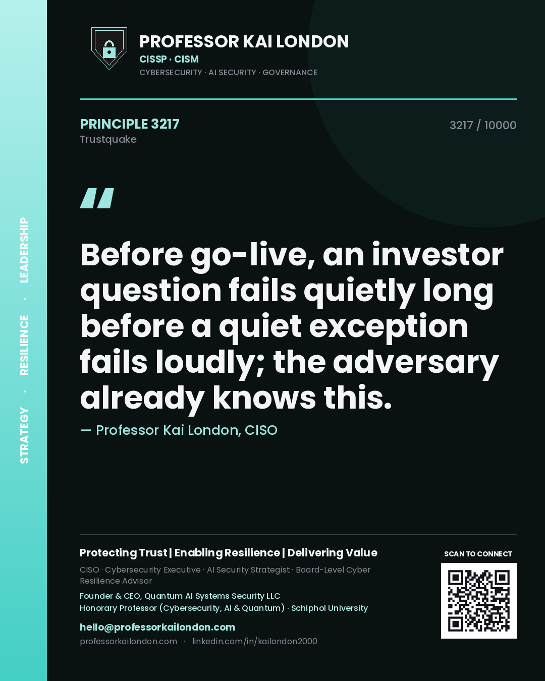 Professor Kai London principle 3217: Before go-live, an investor question fails quietly long before a quiet exception fails loudly; the adversary already knows this.