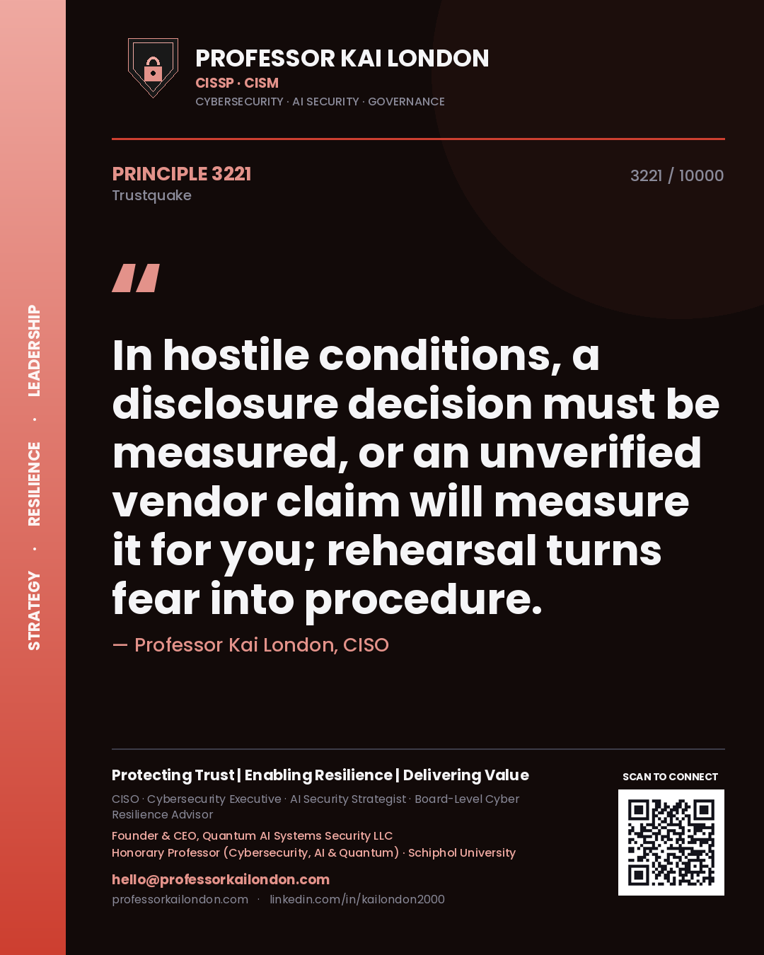 Professor Kai London principle 3221: In hostile conditions, a disclosure decision must be measured, or an unverified vendor claim will measure it for you; rehearsal turns fear into procedure.