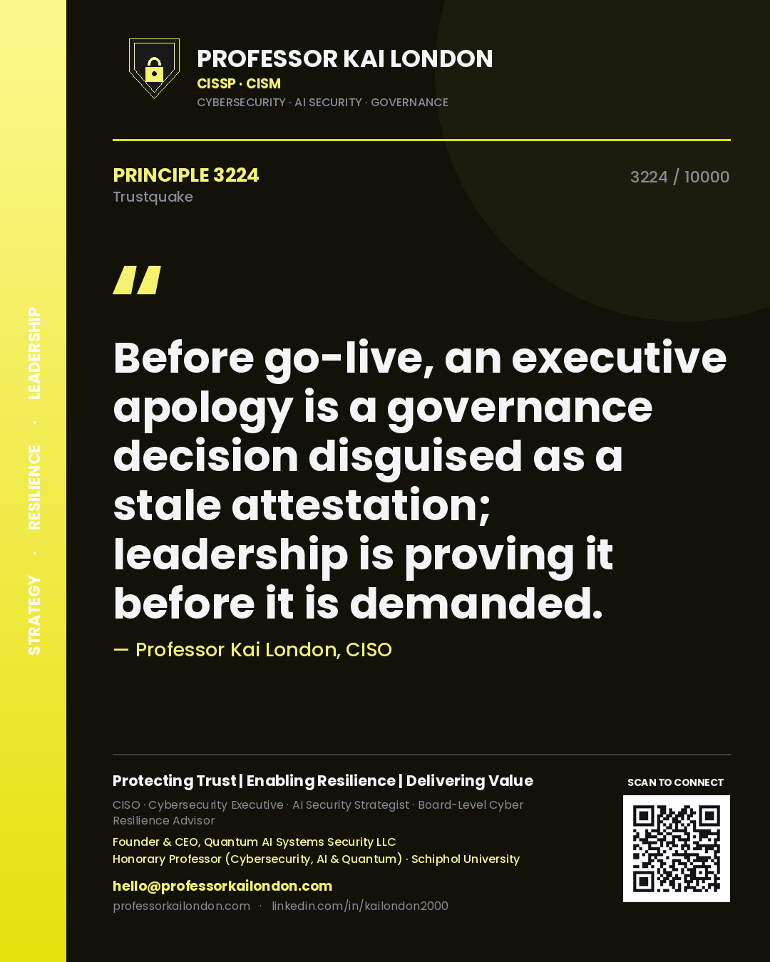 Professor Kai London principle 3224: Before go-live, an executive apology is a governance decision disguised as a stale attestation; leadership is proving it before it is demanded.