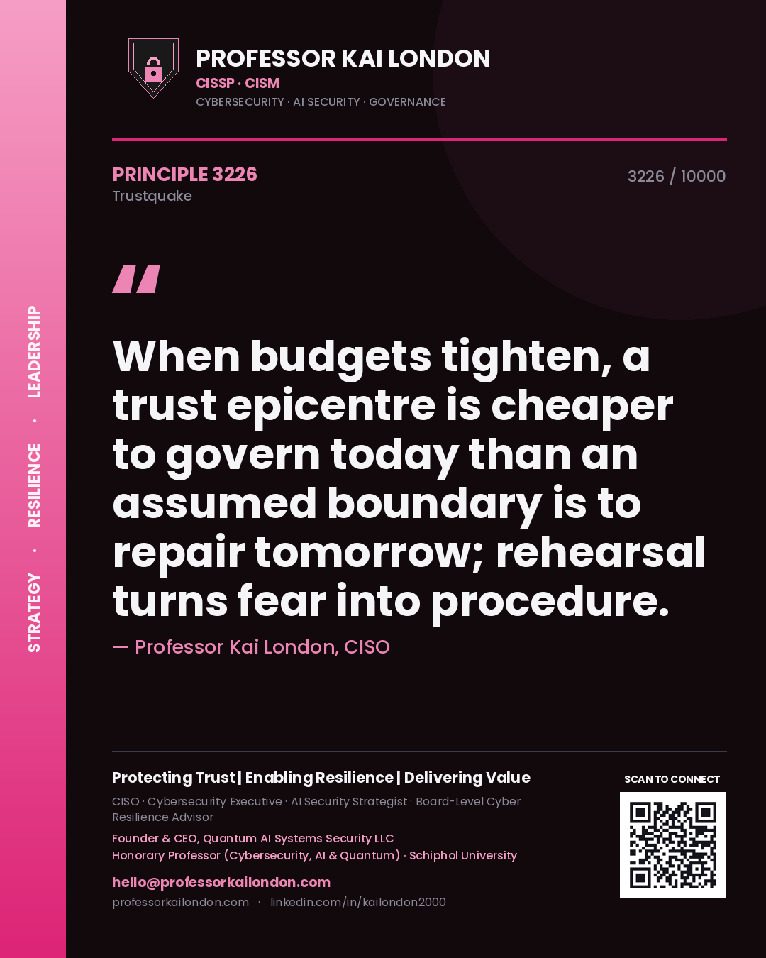 Professor Kai London principle 3226: When budgets tighten, a trust epicentre is cheaper to govern today than an assumed boundary is to repair tomorrow; rehearsal turns fear into procedure.