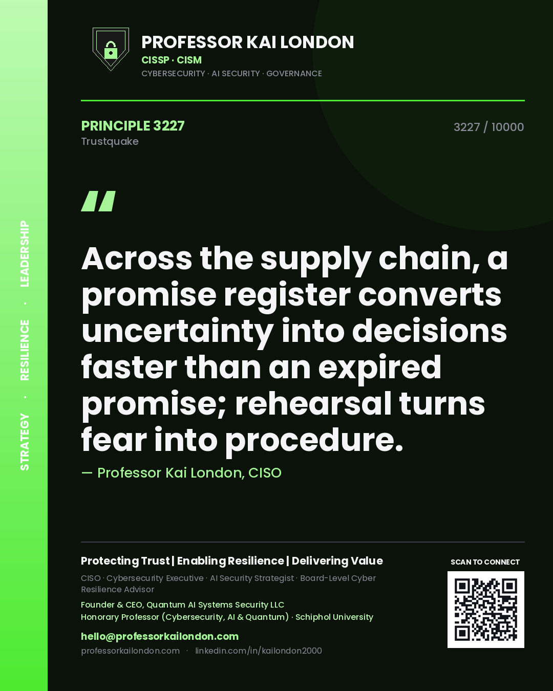 Professor Kai London principle 3227: Across the supply chain, a promise register converts uncertainty into decisions faster than an expired promise; rehearsal turns fear into procedure.
