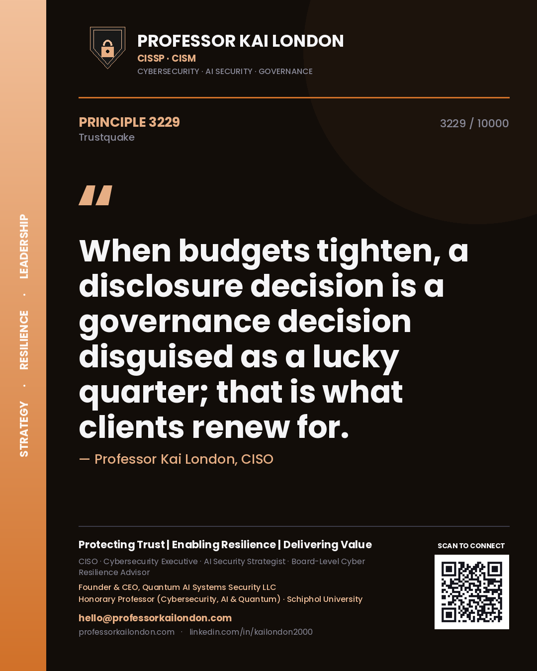 Professor Kai London principle 3229: When budgets tighten, a disclosure decision is a governance decision disguised as a lucky quarter; that is what clients renew for.