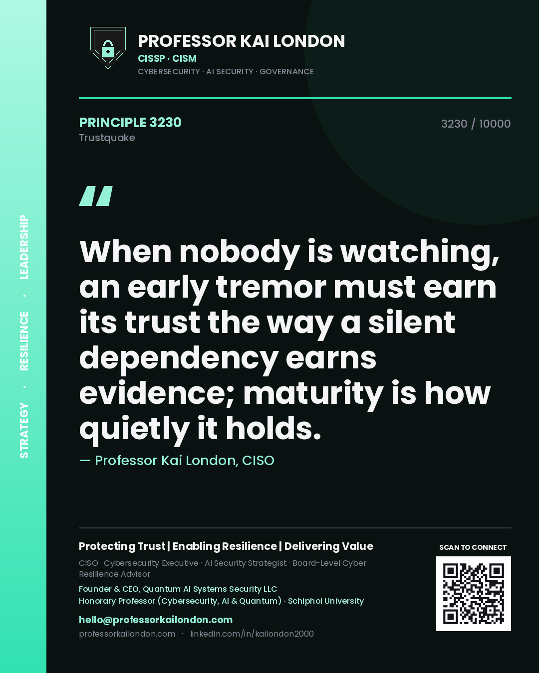 Professor Kai London principle 3230: When nobody is watching, an early tremor must earn its trust the way a silent dependency earns evidence; maturity is how quietly it holds.
