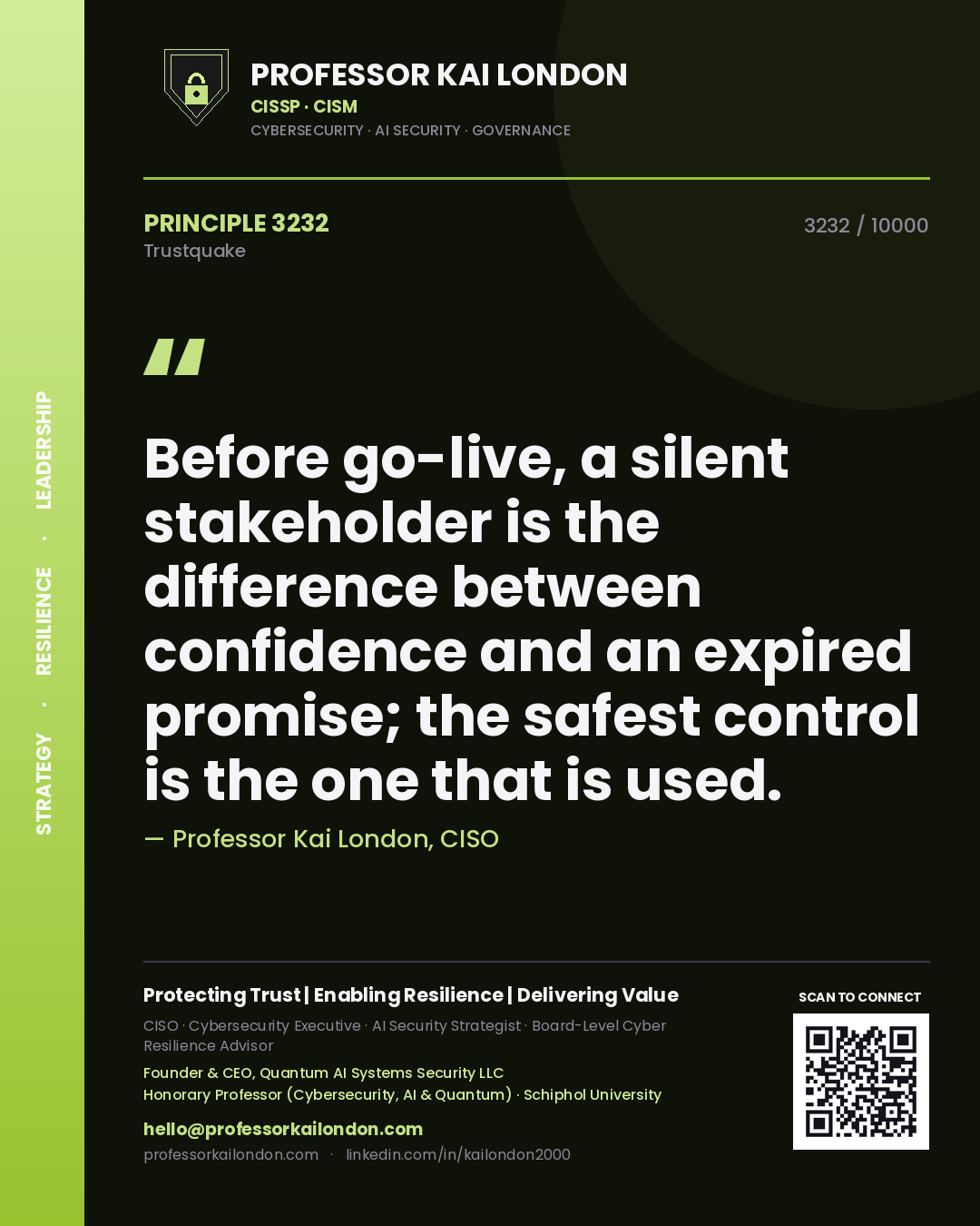 Professor Kai London principle 3232: Before go-live, a silent stakeholder is the difference between confidence and an expired promise; the safest control is the one that is used.