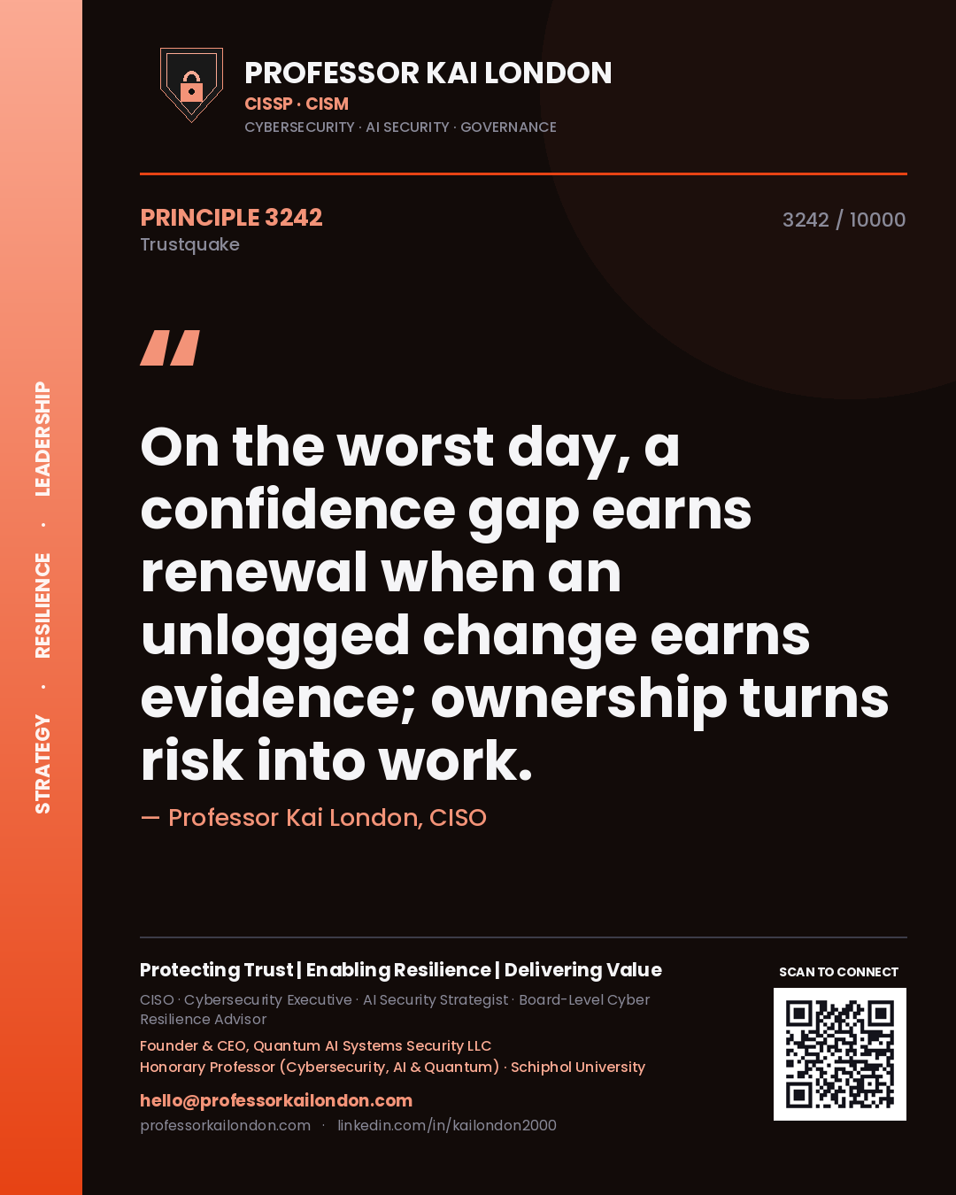 Professor Kai London principle 3242: On the worst day, a confidence gap earns renewal when an unlogged change earns evidence; ownership turns risk into work.