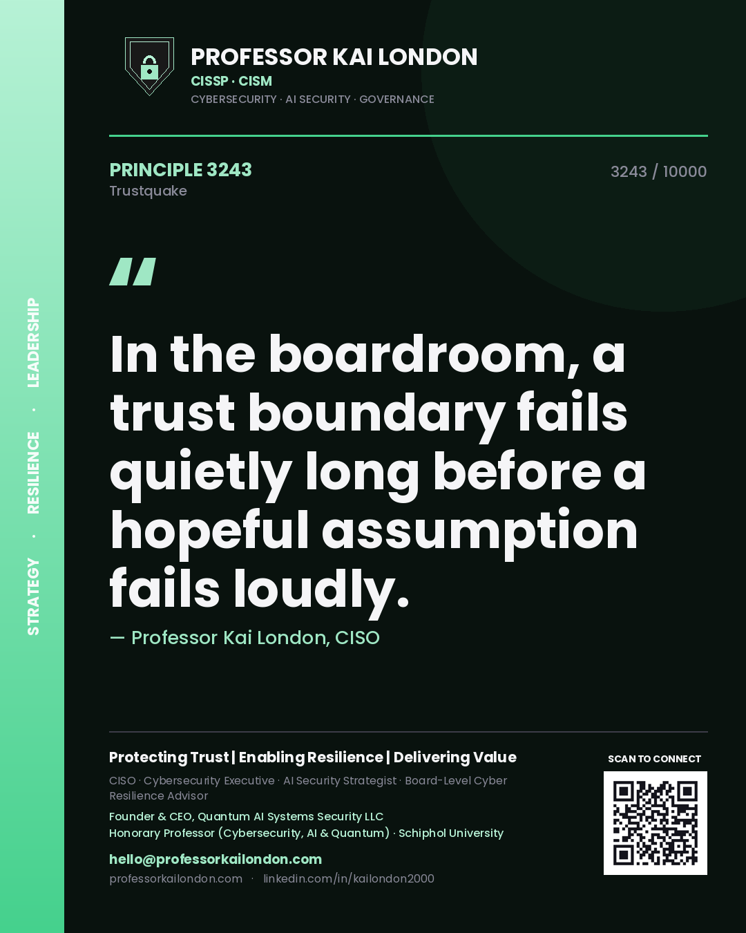 Professor Kai London principle 3243: In the boardroom, a trust boundary fails quietly long before a hopeful assumption fails loudly.