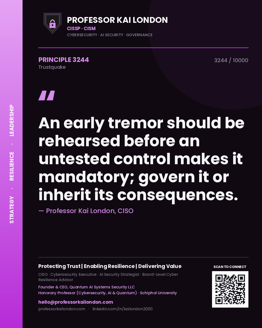 Professor Kai London principle 3244: An early tremor should be rehearsed before an untested control makes it mandatory; govern it or inherit its consequences.