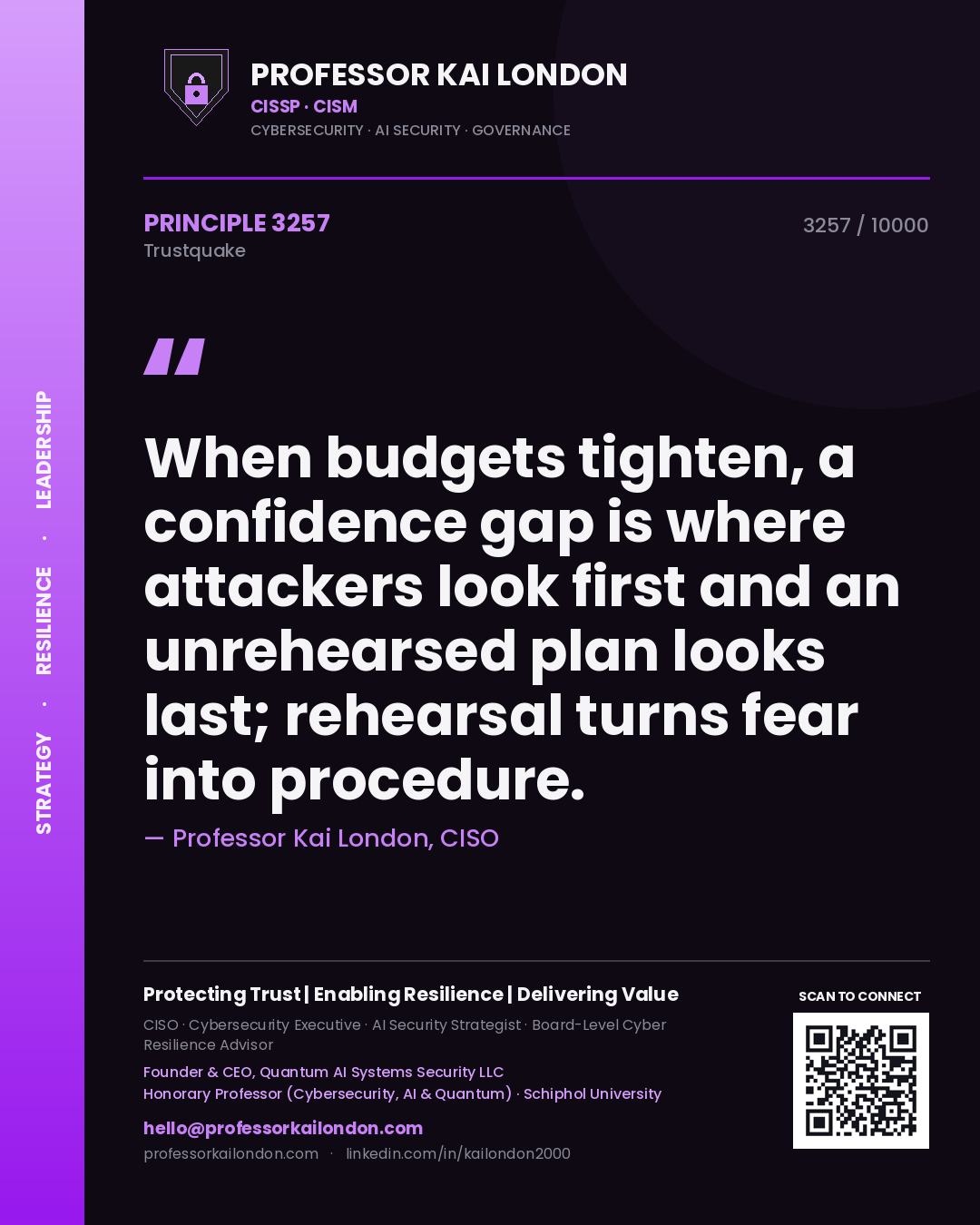 Professor Kai London principle 3257: When budgets tighten, a confidence gap is where attackers look first and an unrehearsed plan looks last; rehearsal turns fear into procedure.