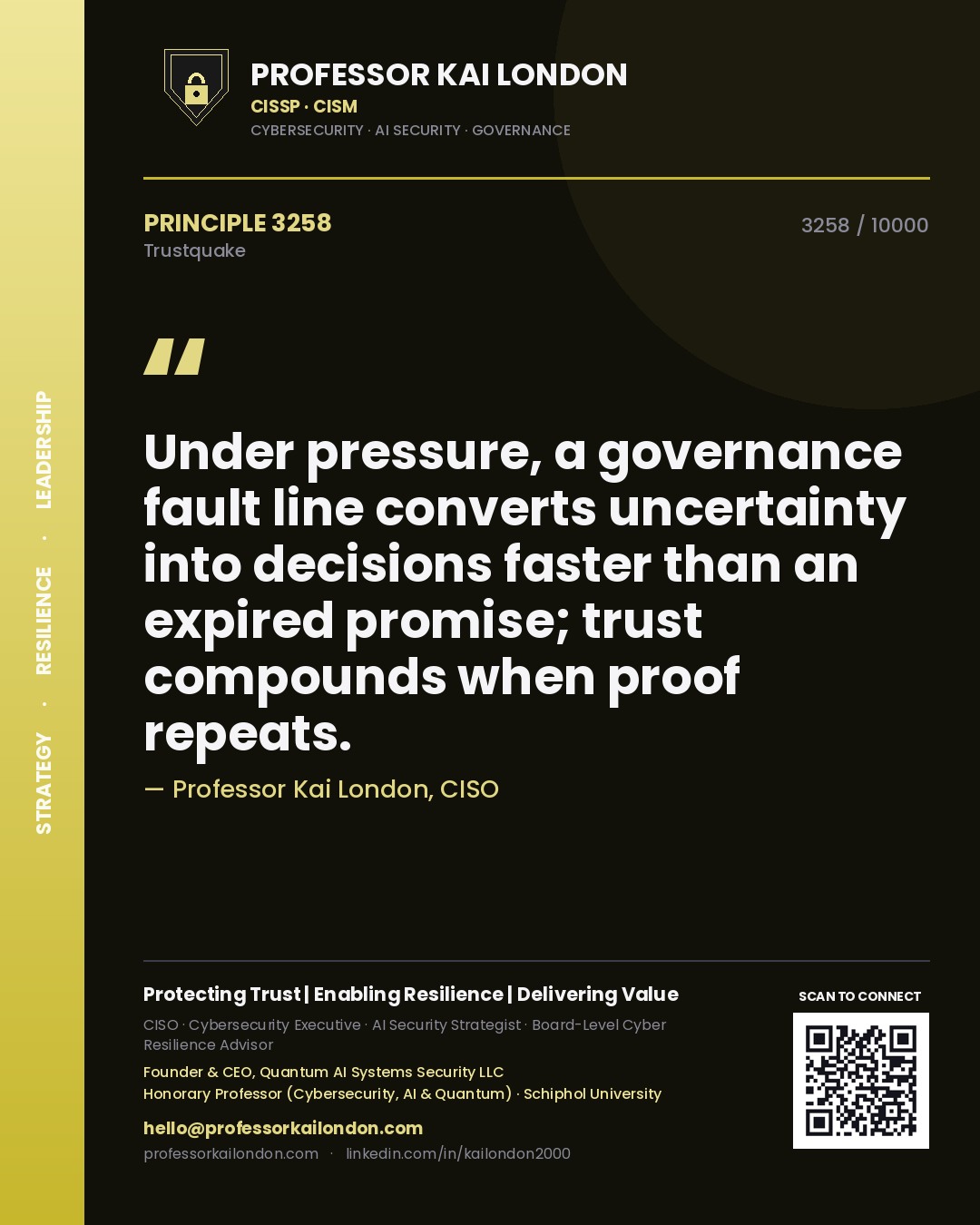 Professor Kai London principle 3258: Under pressure, a governance fault line converts uncertainty into decisions faster than an expired promise; trust compounds when proof repeats.