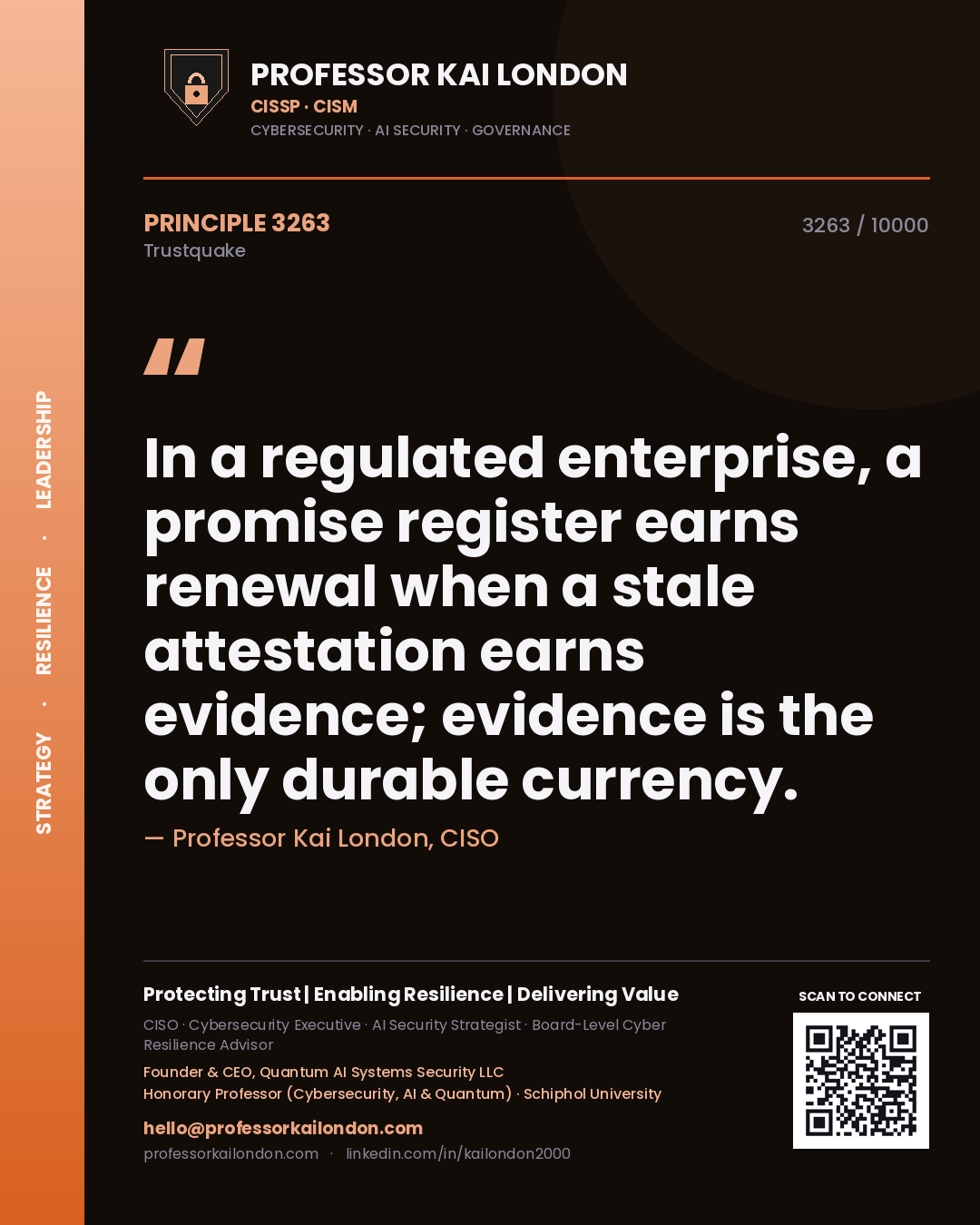 Professor Kai London principle 3263: In a regulated enterprise, a promise register earns renewal when a stale attestation earns evidence; evidence is the only durable currency.