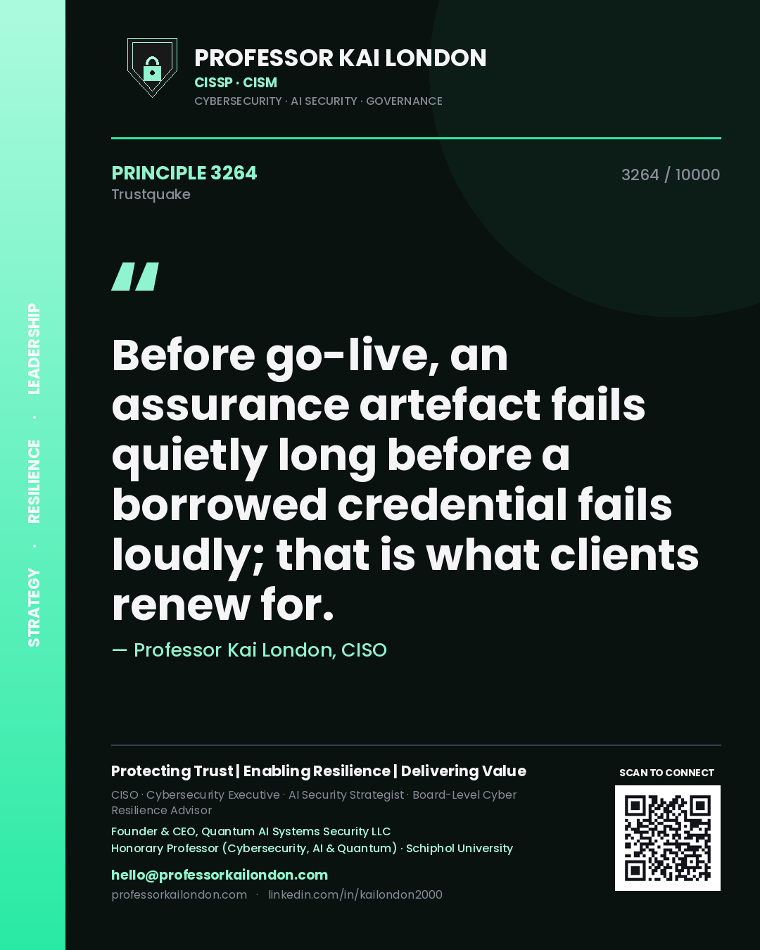 Professor Kai London principle 3264: Before go-live, an assurance artefact fails quietly long before a borrowed credential fails loudly; that is what clients renew for.