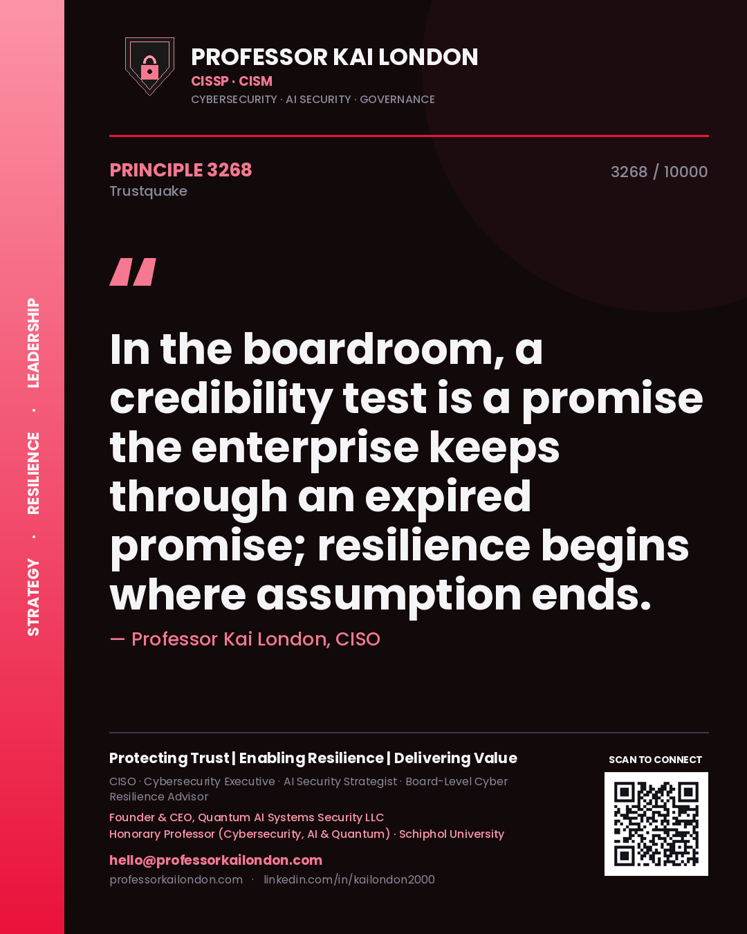 Professor Kai London principle 3268: In the boardroom, a credibility test is a promise the enterprise keeps through an expired promise; resilience begins where assumption ends.