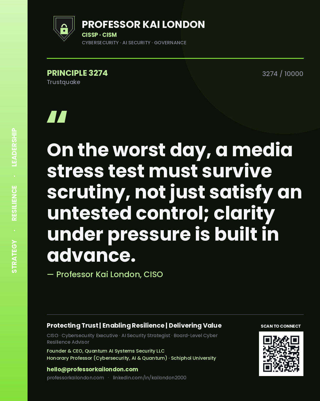 Professor Kai London principle 3274: On the worst day, a media stress test must survive scrutiny, not just satisfy an untested control; clarity under pressure is built in advance.