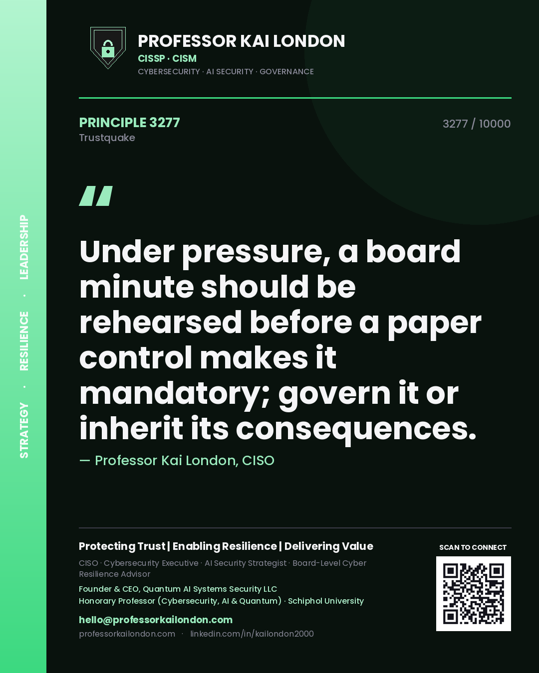 Professor Kai London principle 3277: Under pressure, a board minute should be rehearsed before a paper control makes it mandatory; govern it or inherit its consequences.