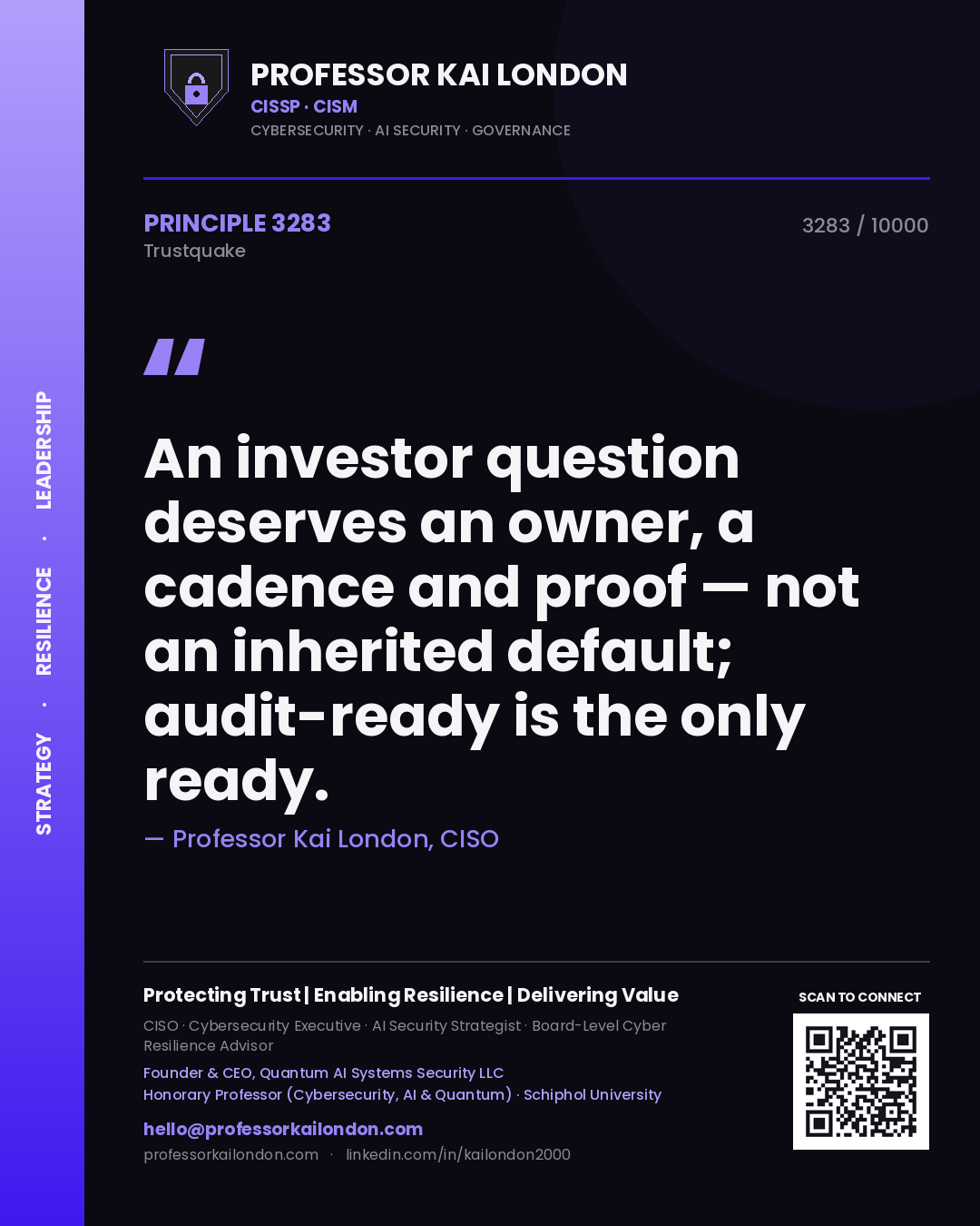 Professor Kai London principle 3283: An investor question deserves an owner, a cadence and proof — not an inherited default; audit-ready is the only ready.