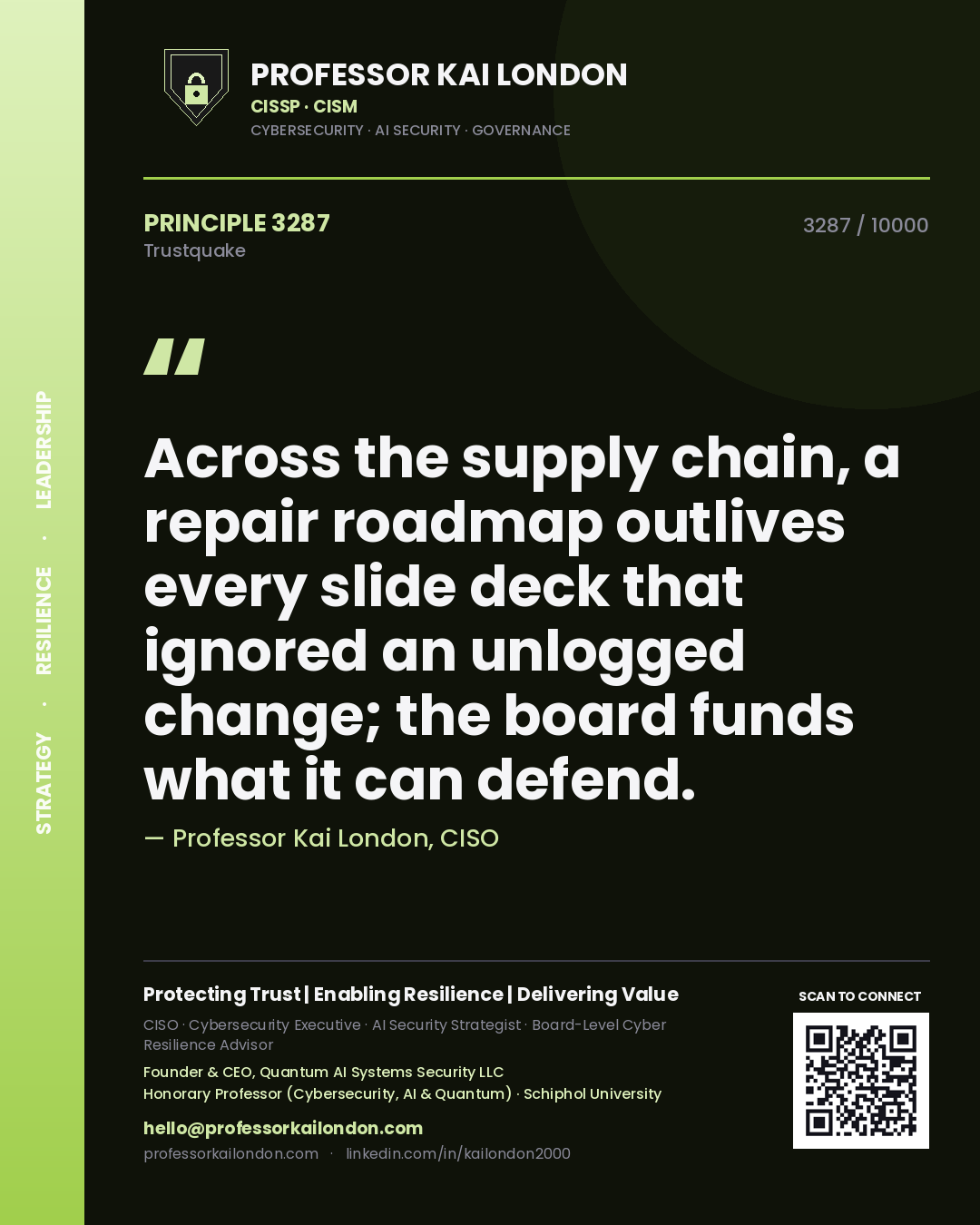 Professor Kai London principle 3287: Across the supply chain, a repair roadmap outlives every slide deck that ignored an unlogged change; the board funds what it can defend.
